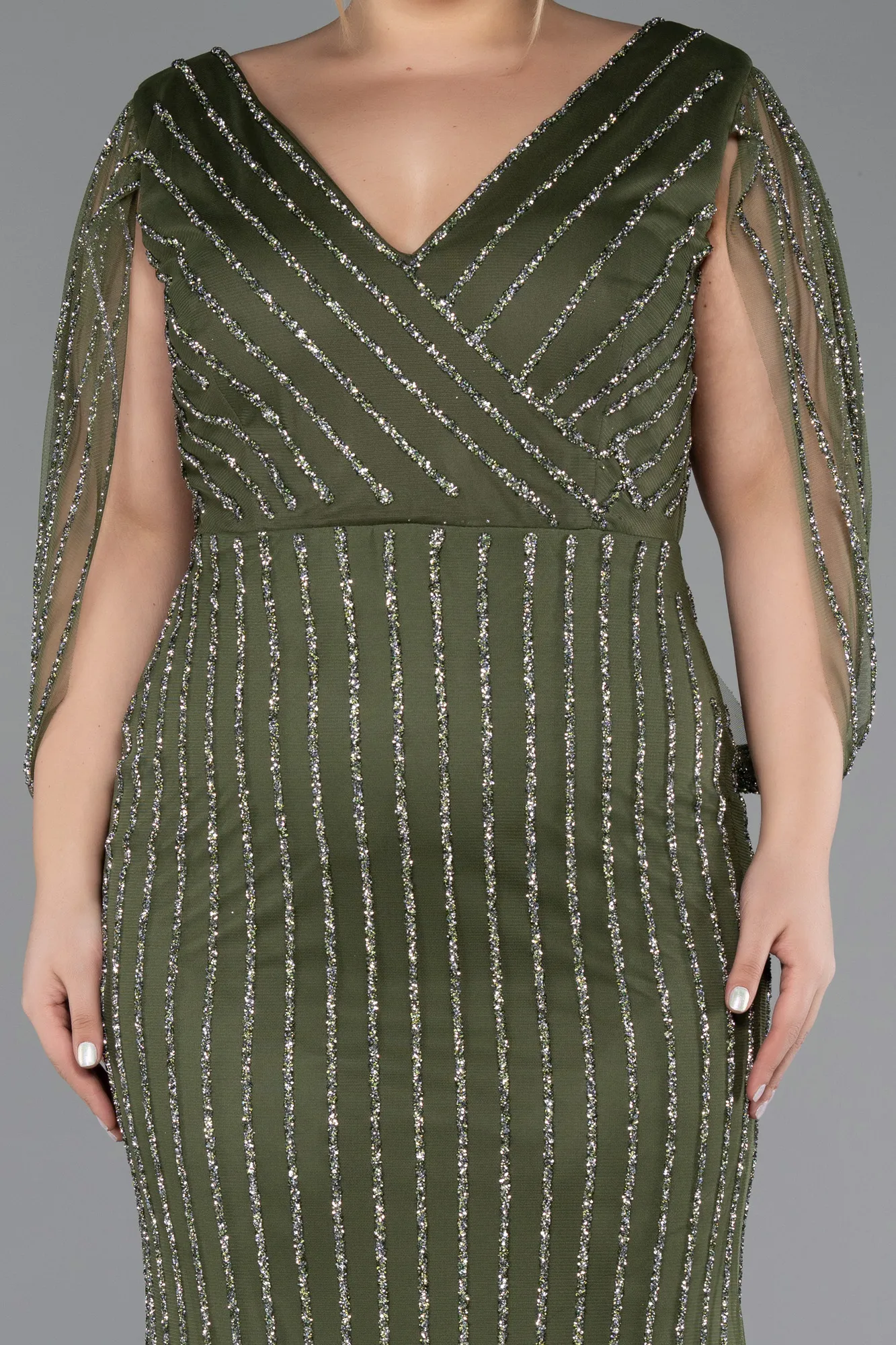 Olive Drab-Long Stony Plus Size Evening Dress ABU5478