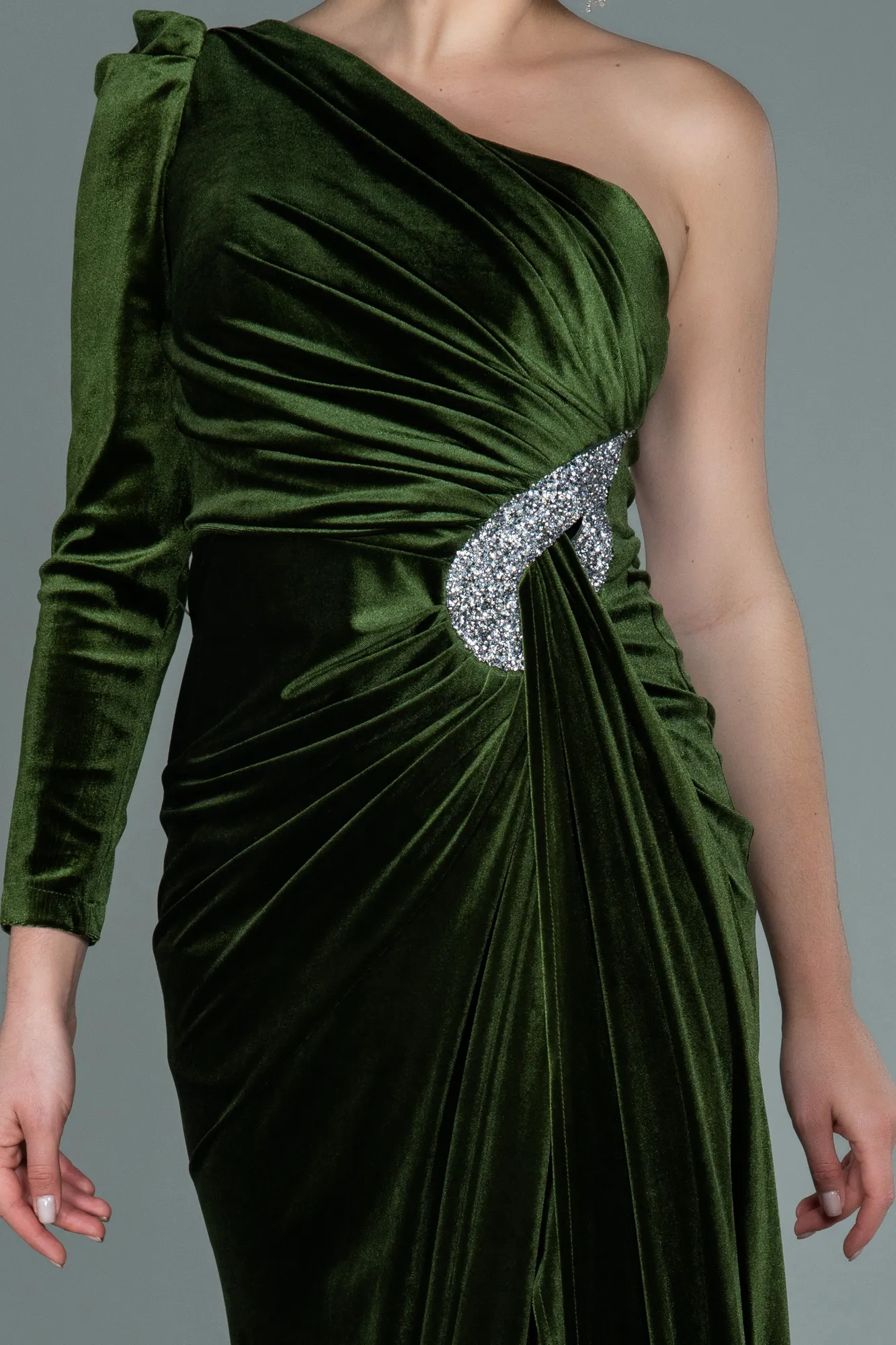 Olive Drab-Long Velvet Evening Dress ABU2655