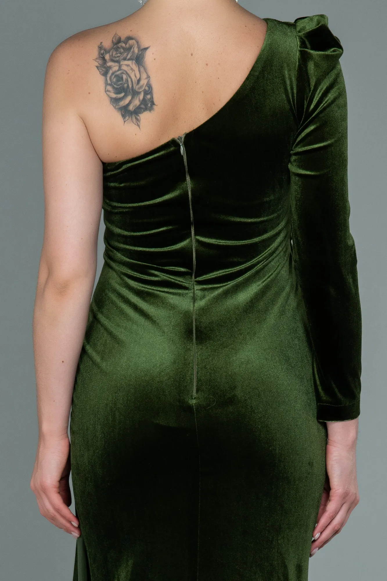 Olive Drab-Long Velvet Evening Dress ABU2655