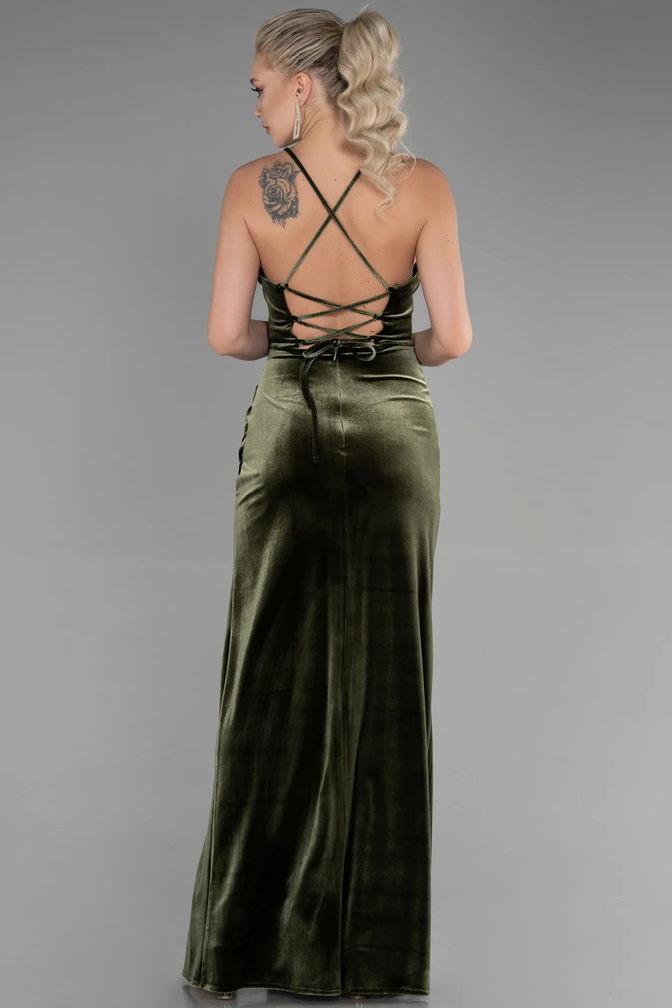Olive Drab-Long Velvet Evening Dress ABU3395