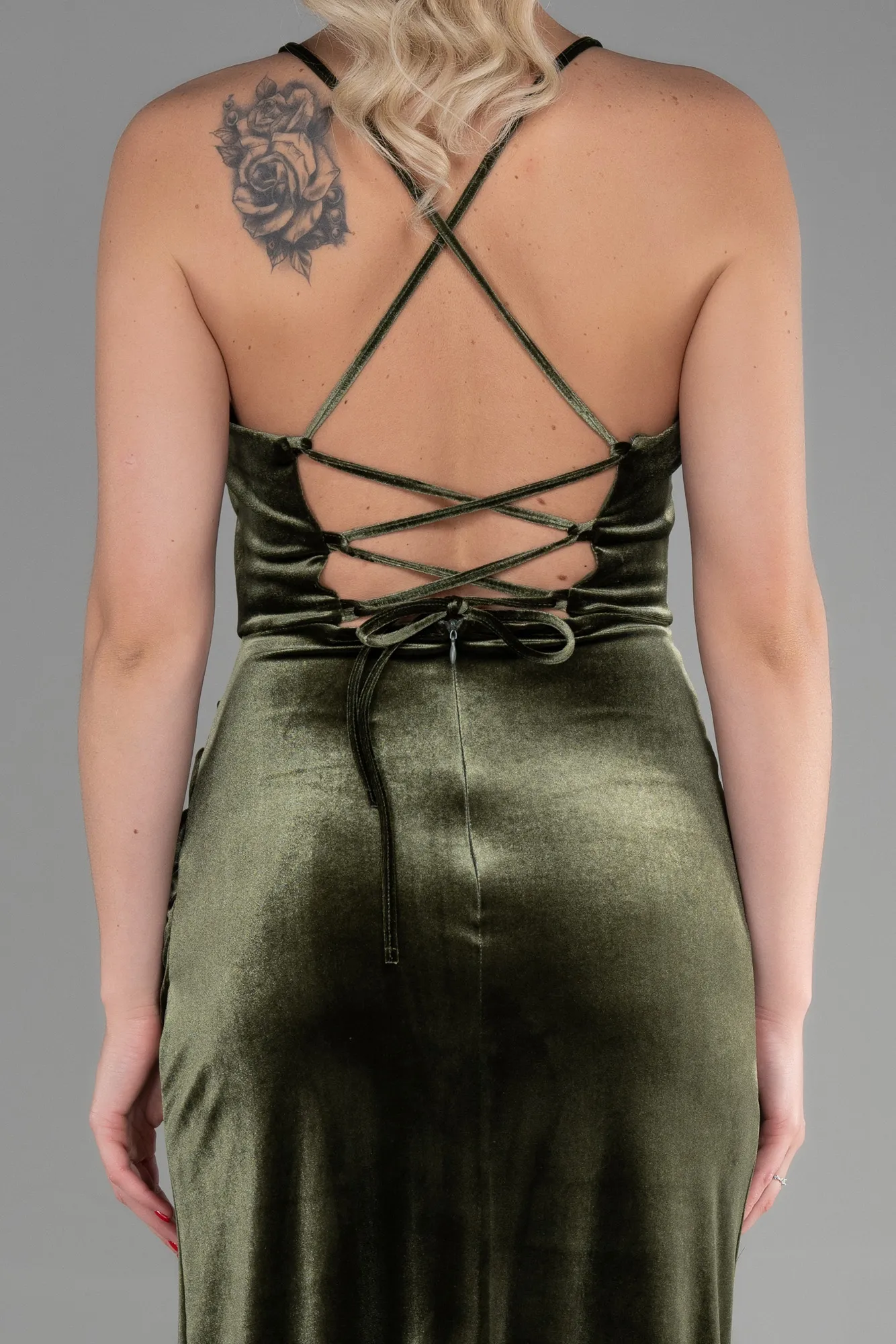 Olive Drab-Long Velvet Evening Dress ABU3395