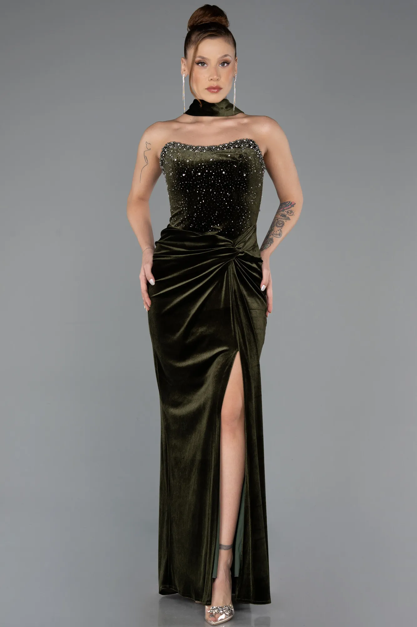 Olive Drab-Long Velvet Evening Dress ABU4405