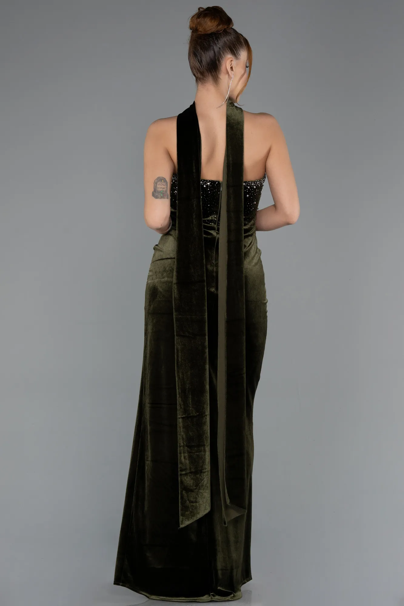 Olive Drab-Long Velvet Evening Dress ABU4405
