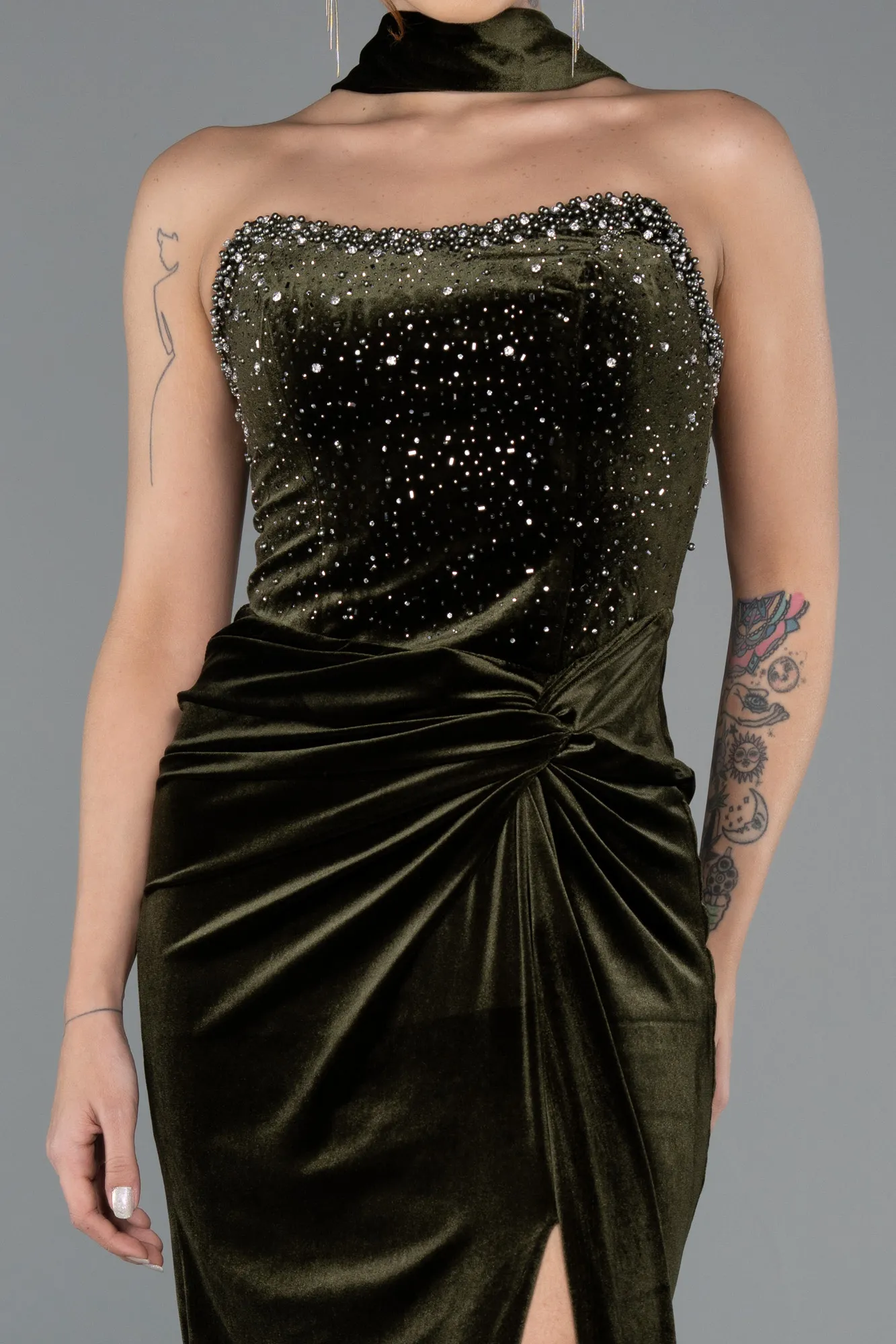 Olive Drab-Long Velvet Evening Dress ABU4405