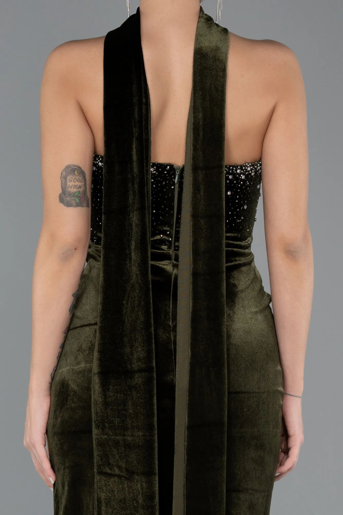 Olive Drab-Long Velvet Evening Dress ABU4405