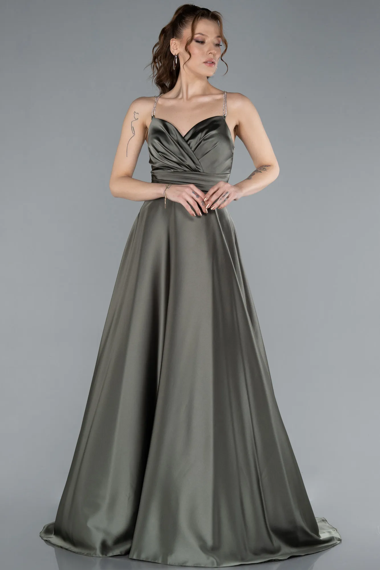 Olive Drab-Low Cut Back Long Satin Prom Dress ABU4702