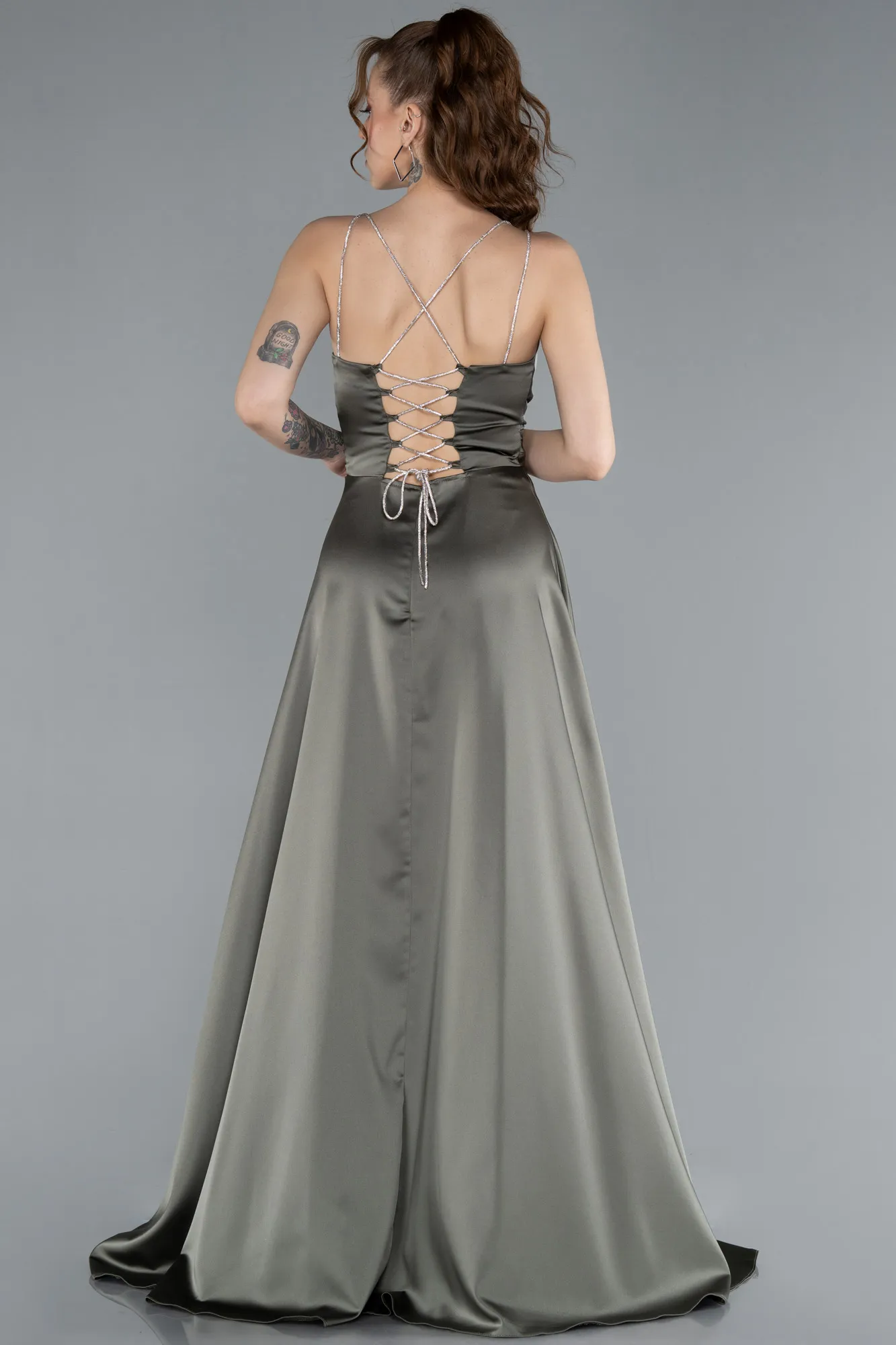 Olive Drab-Low Cut Back Long Satin Prom Dress ABU4702