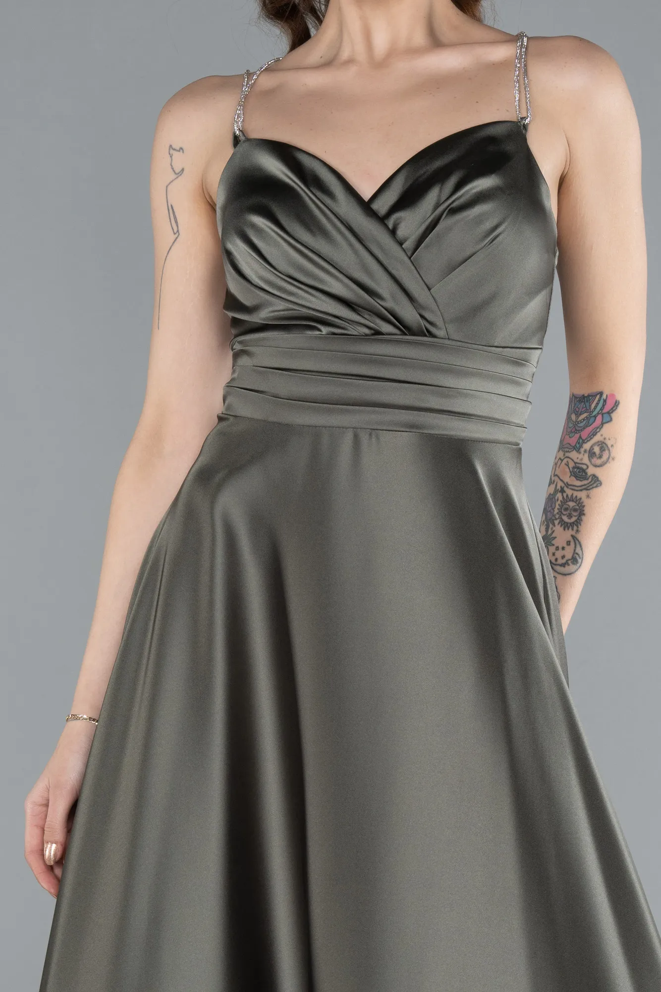 Olive Drab-Low Cut Back Long Satin Prom Dress ABU4702
