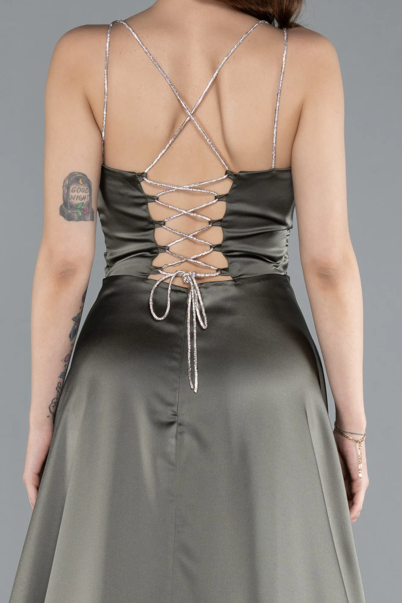 Olive Drab-Low Cut Back Long Satin Prom Dress ABU4702