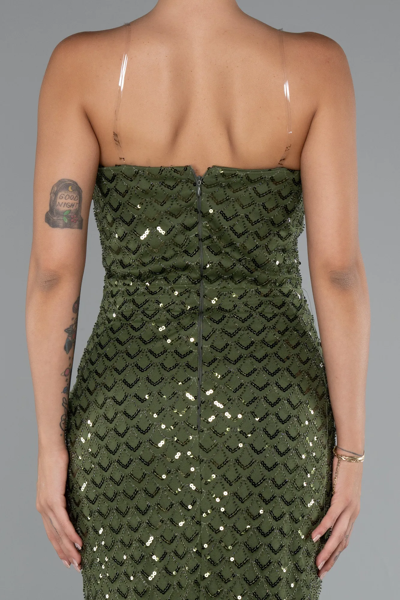 Olive Drab-Midi Beaded Party Dress ABK2398