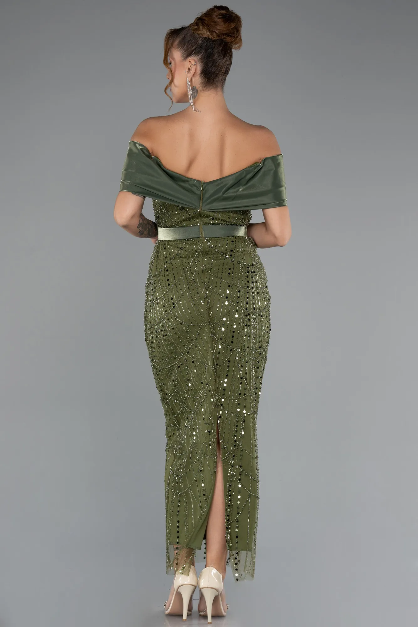 Olive Drab-Midi Beaded Party Dress ABK2453