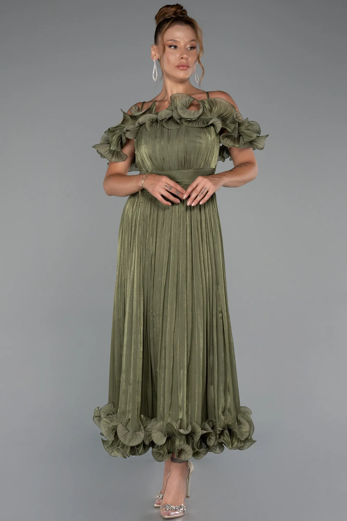 Olive Drab-Midi Chiffon Cocktail Dress ABK2425