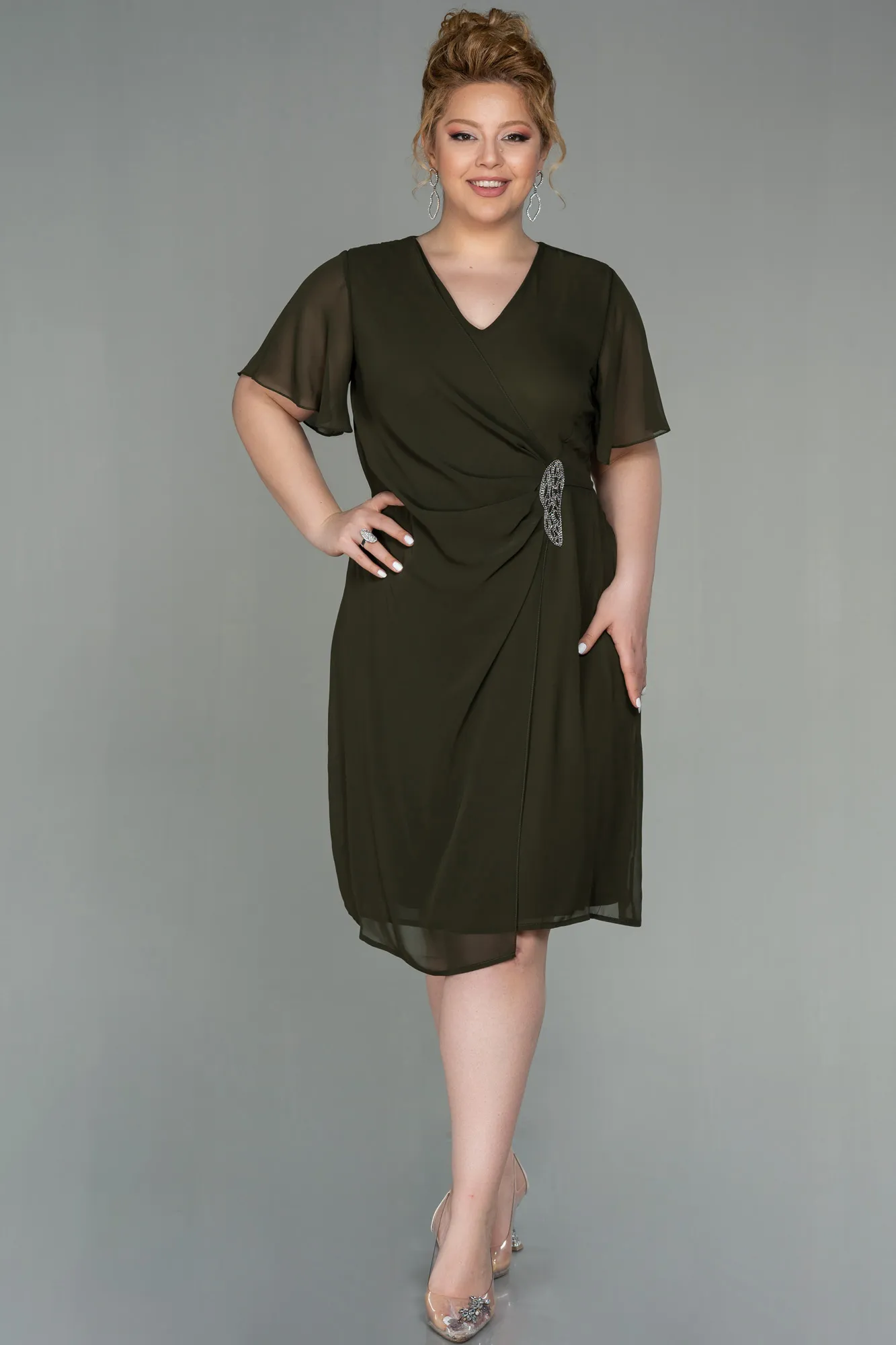 Olive Drab-Midi Chiffon Plus Size Evening Dress ABK1660