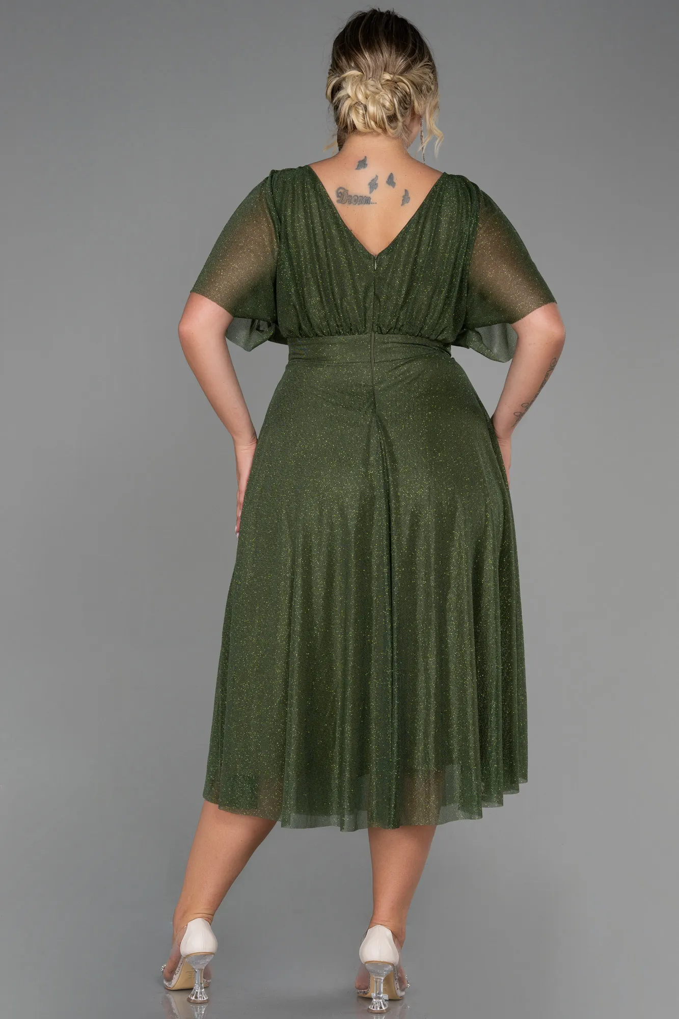 Olive Drab-Midi Plus Size Evening Dress ABK1253