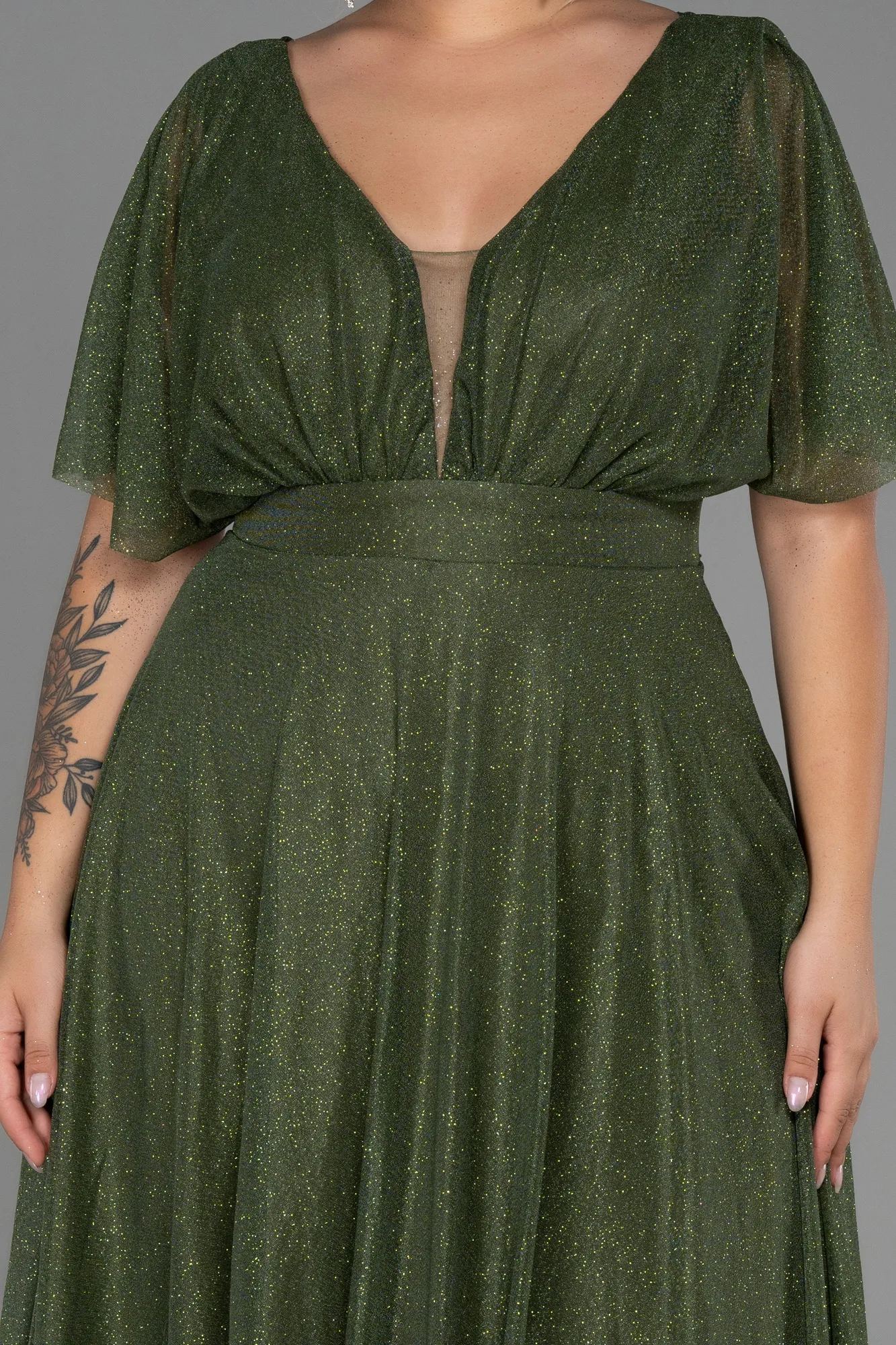 Olive Drab-Midi Plus Size Evening Dress ABK1253