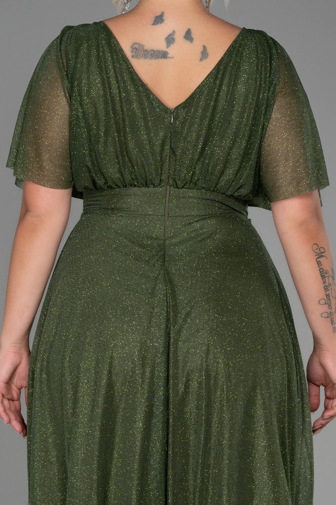Olive Drab-Midi Plus Size Evening Dress ABK1253