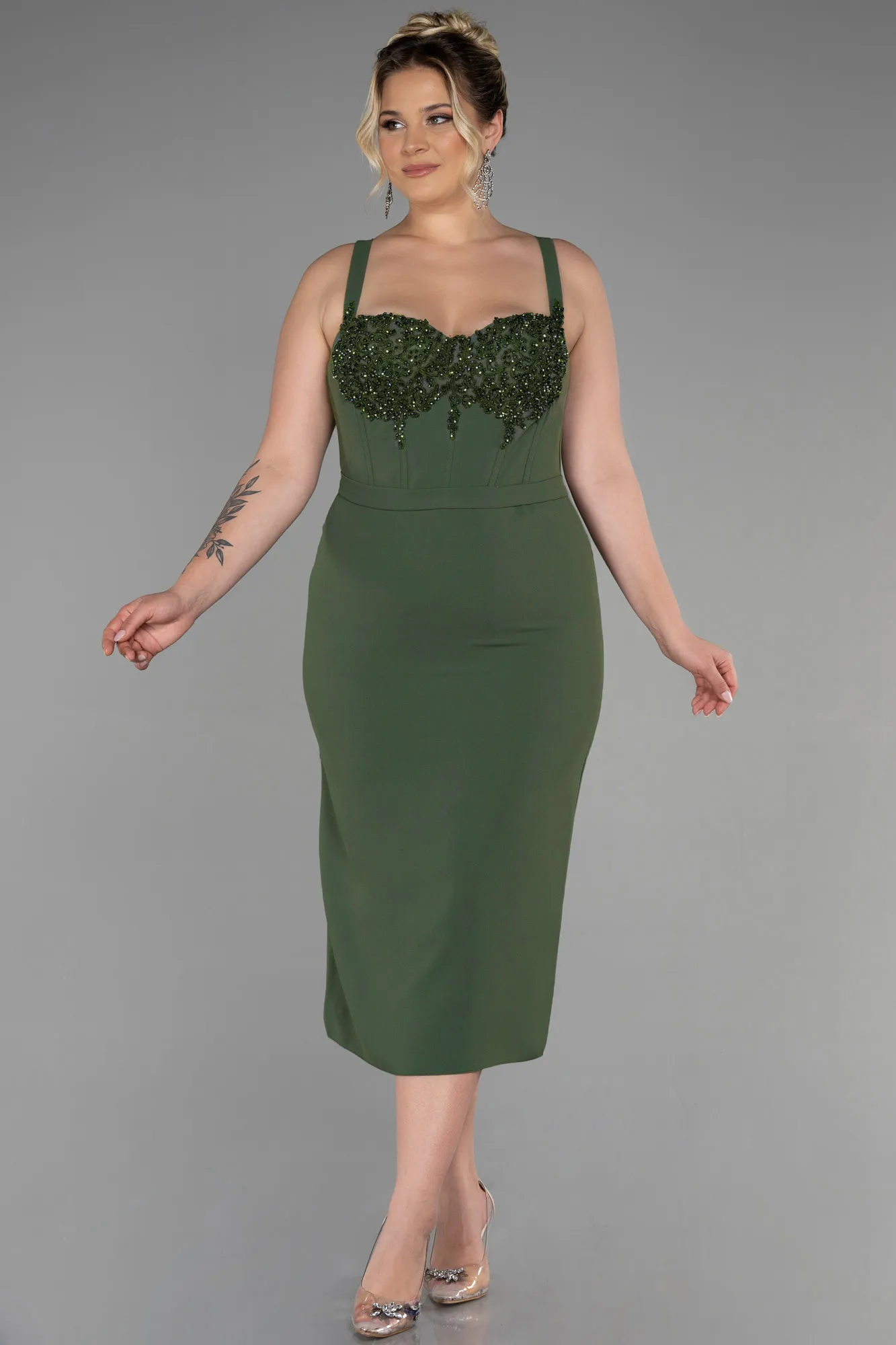 Olive Drab-Midi Plus Size Invitation Dress ABK1882