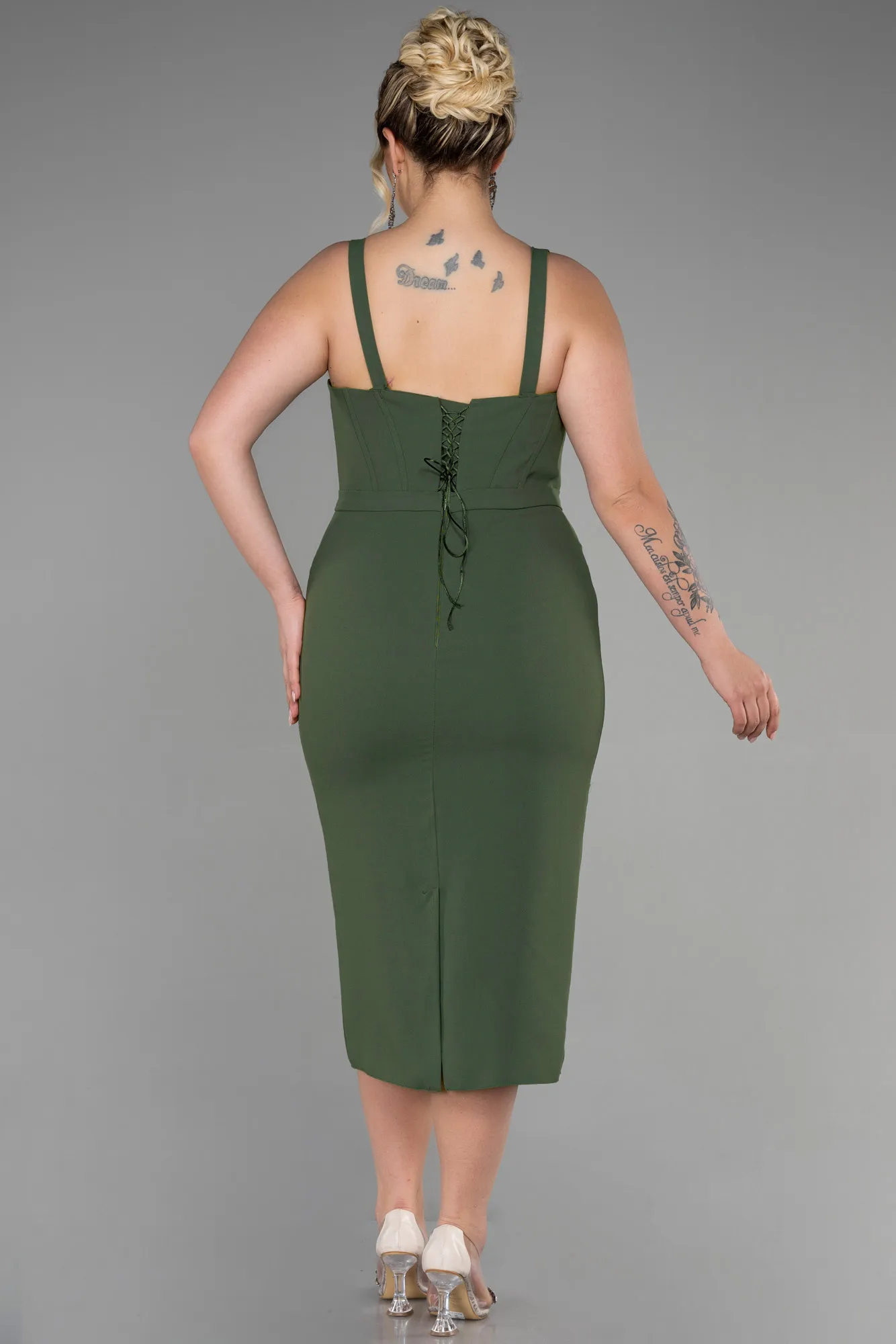 Olive Drab-Midi Plus Size Invitation Dress ABK1882