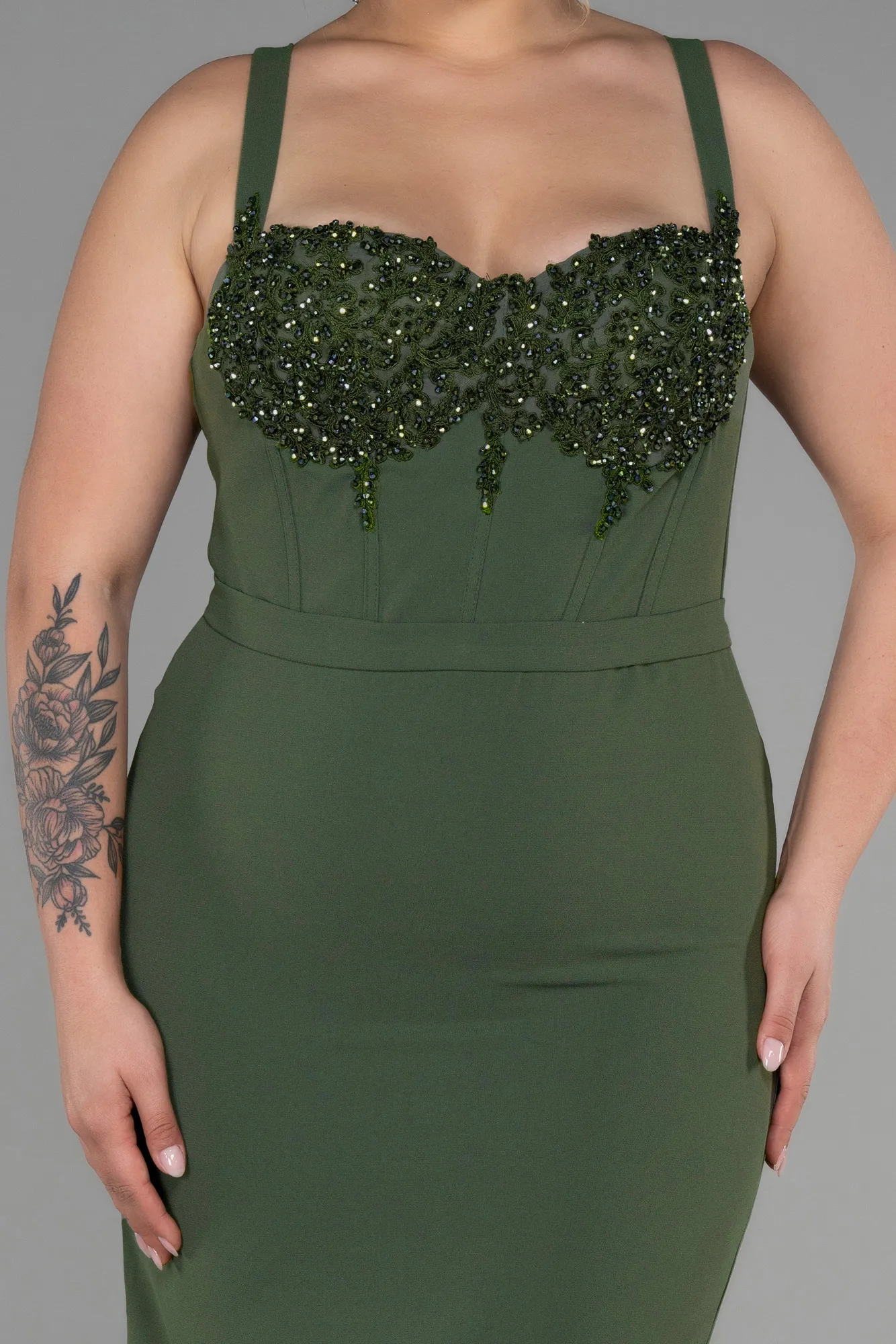 Olive Drab-Midi Plus Size Invitation Dress ABK1882