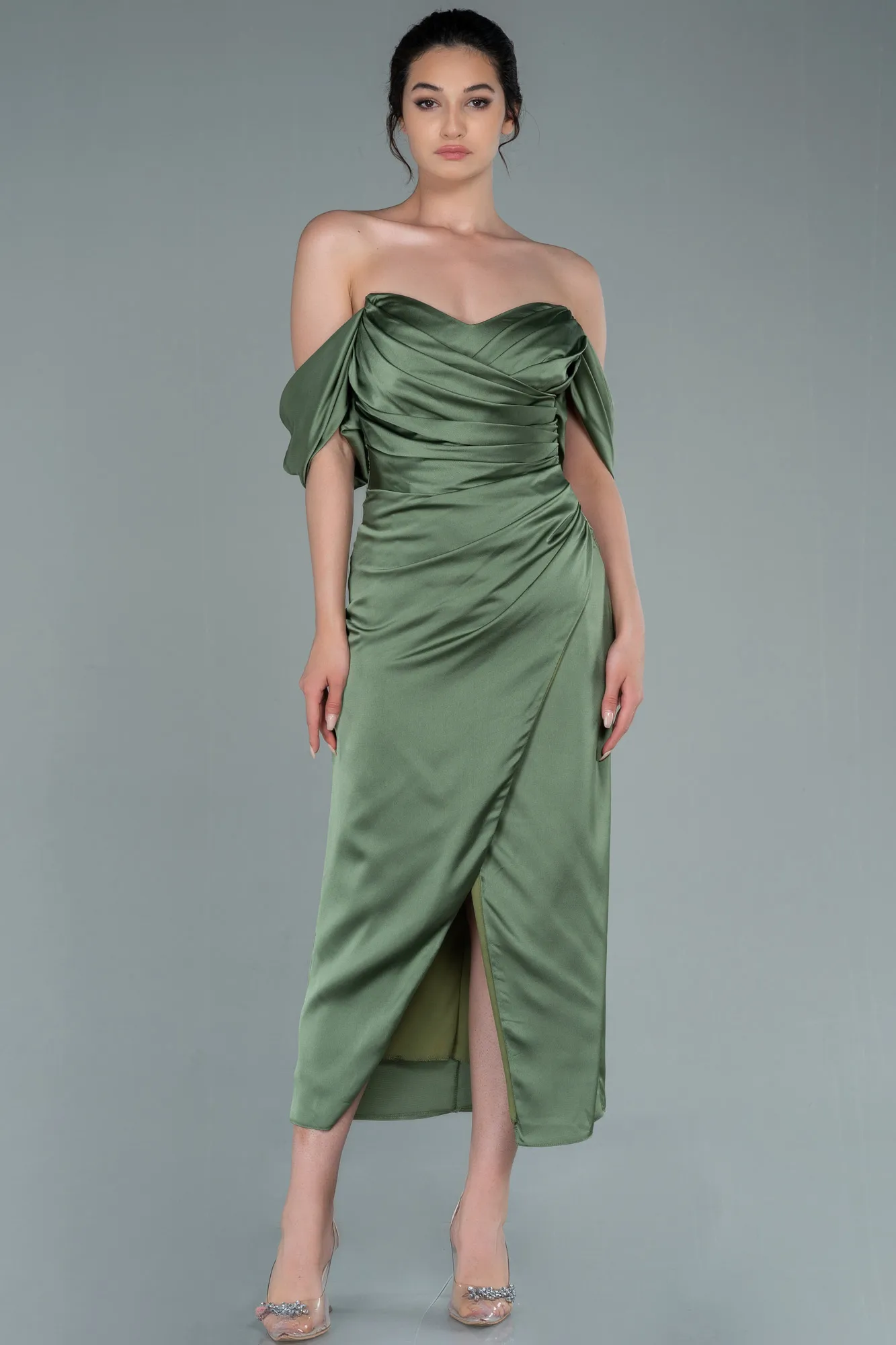 Olive Drab-Midi Satin Invitation Dress ABK1404