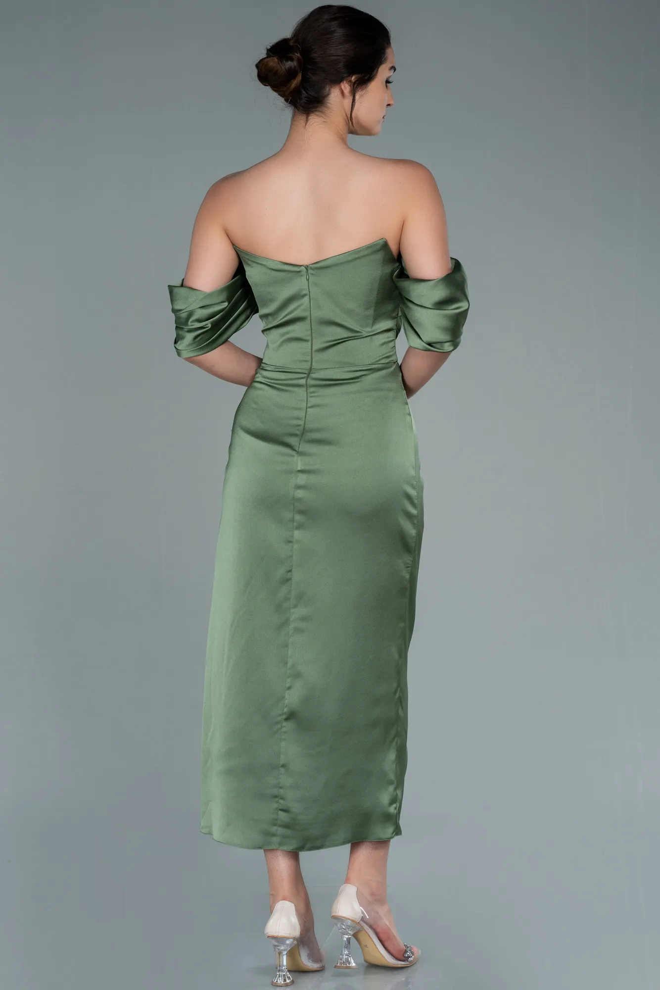 Olive Drab-Midi Satin Invitation Dress ABK1404