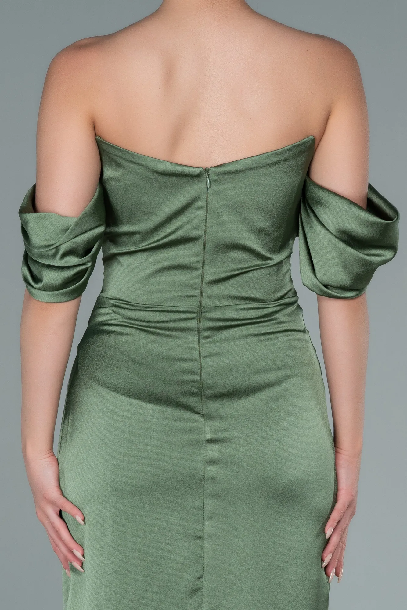 Olive Drab-Midi Satin Invitation Dress ABK1404