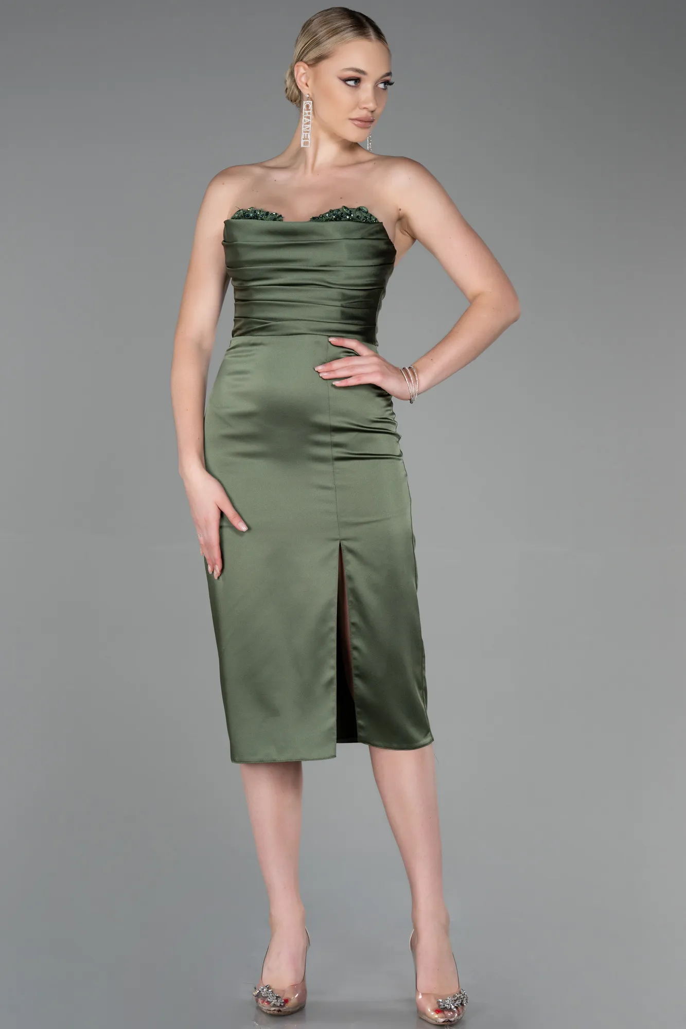 Olive Drab-Midi Satin Invitation Dress ABK1845