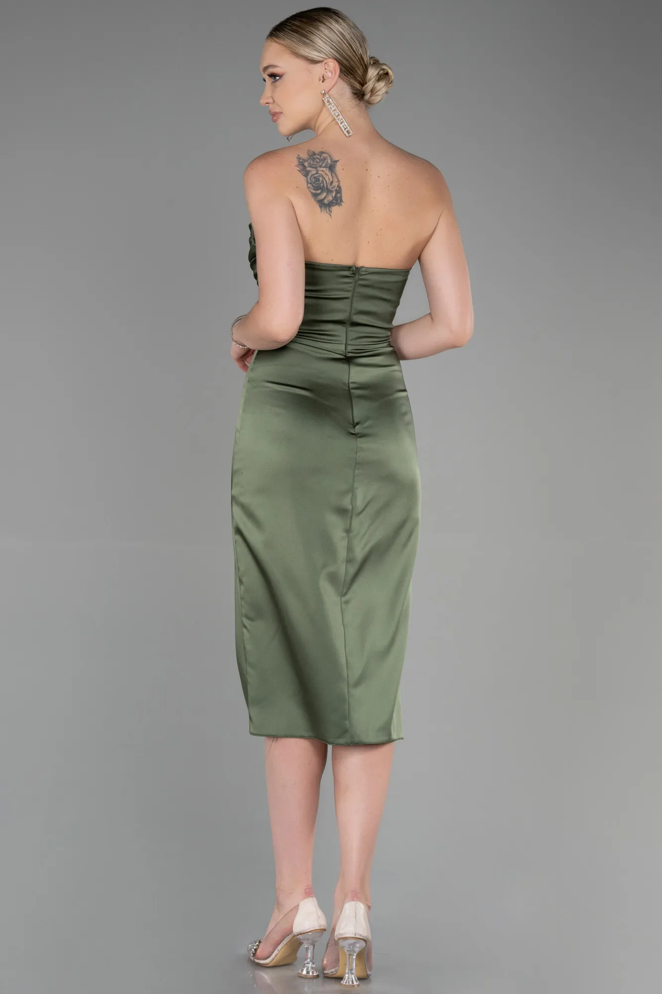 Olive Drab-Midi Satin Invitation Dress ABK1845