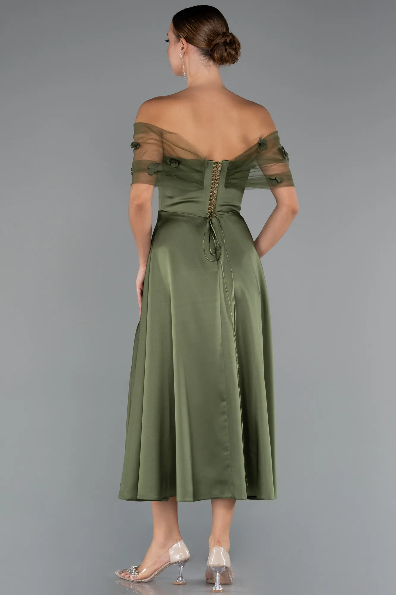 Olive Drab-Midi Satin Party Dress ABK2431