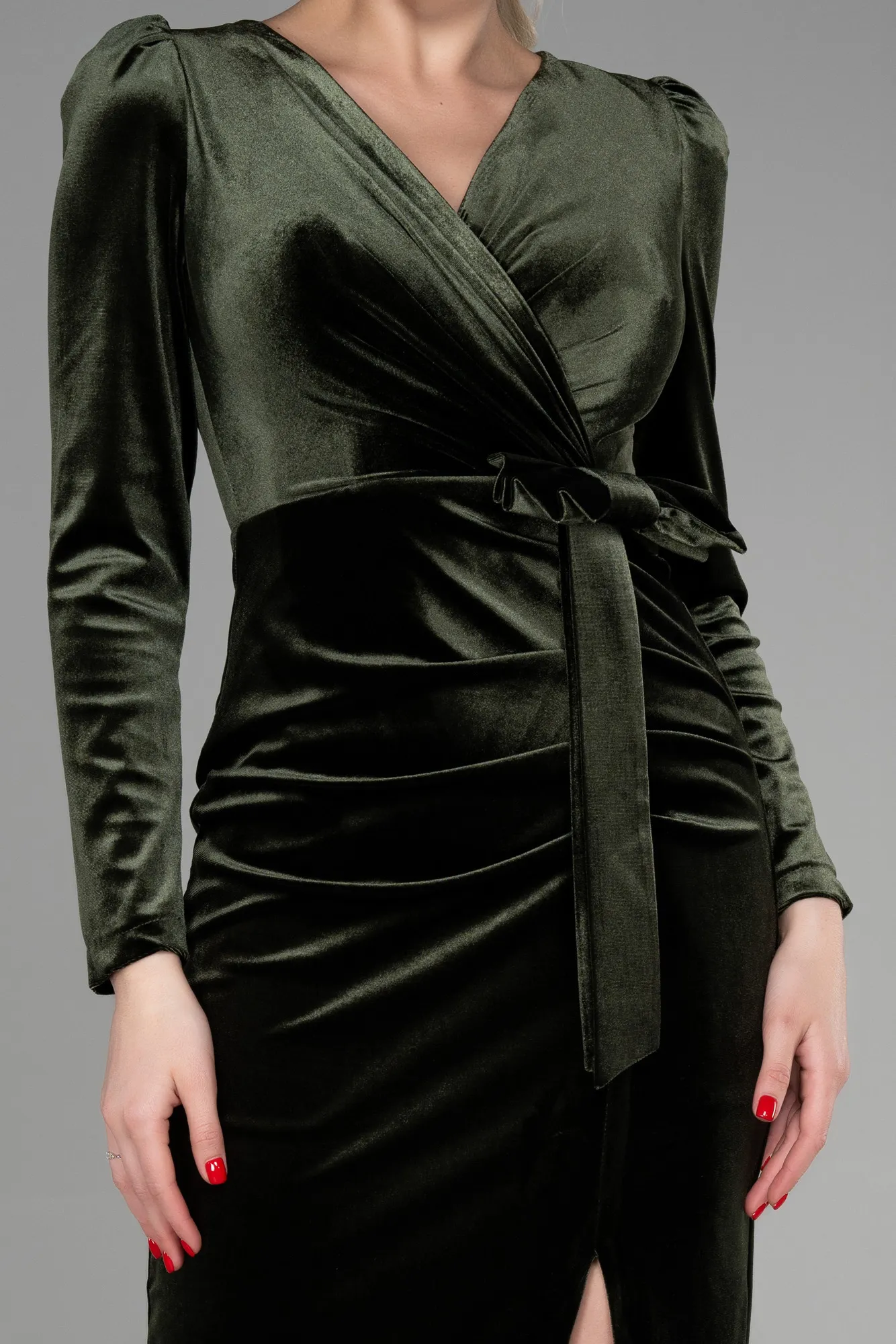 Olive Drab-Midi Velvet Invitation Dress ABK1896