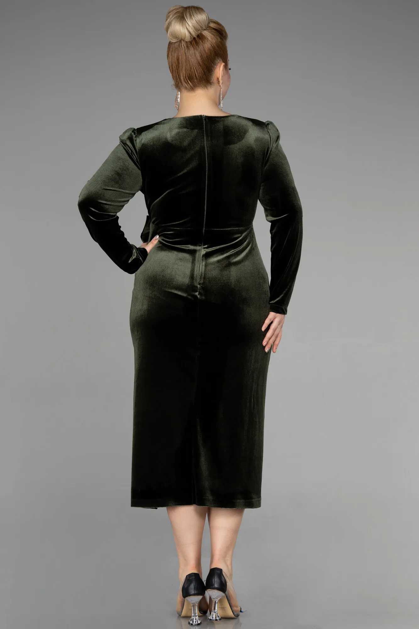 Olive Drab-Midi Velvet Velvet Oversized Evening Dress ABK1897
