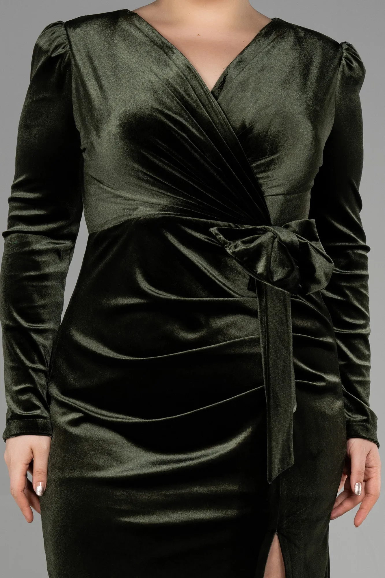 Olive Drab-Midi Velvet Velvet Oversized Evening Dress ABK1897