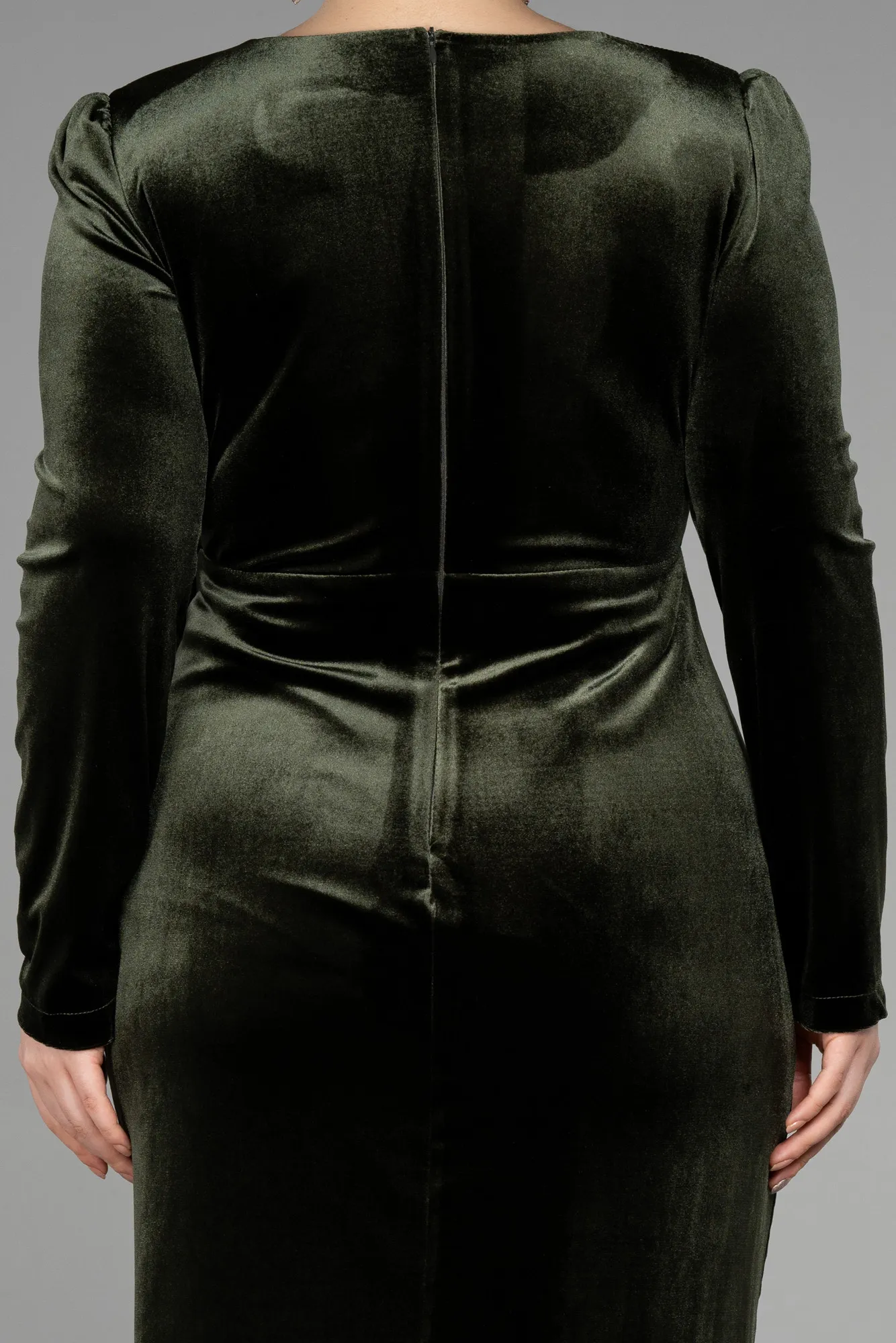 Olive Drab-Midi Velvet Velvet Oversized Evening Dress ABK1897