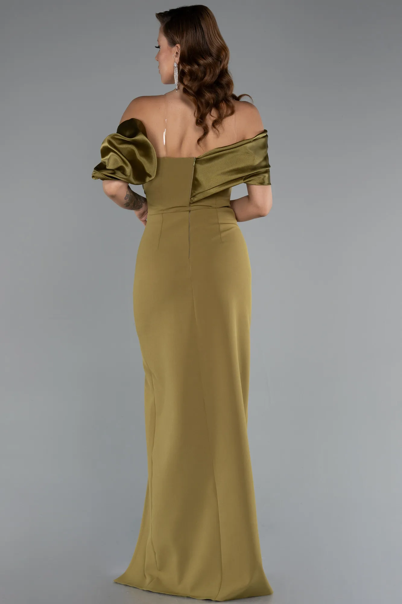 Olive Drab-Off Shoulder Satin Drape Slit Evening Gown ABU4024