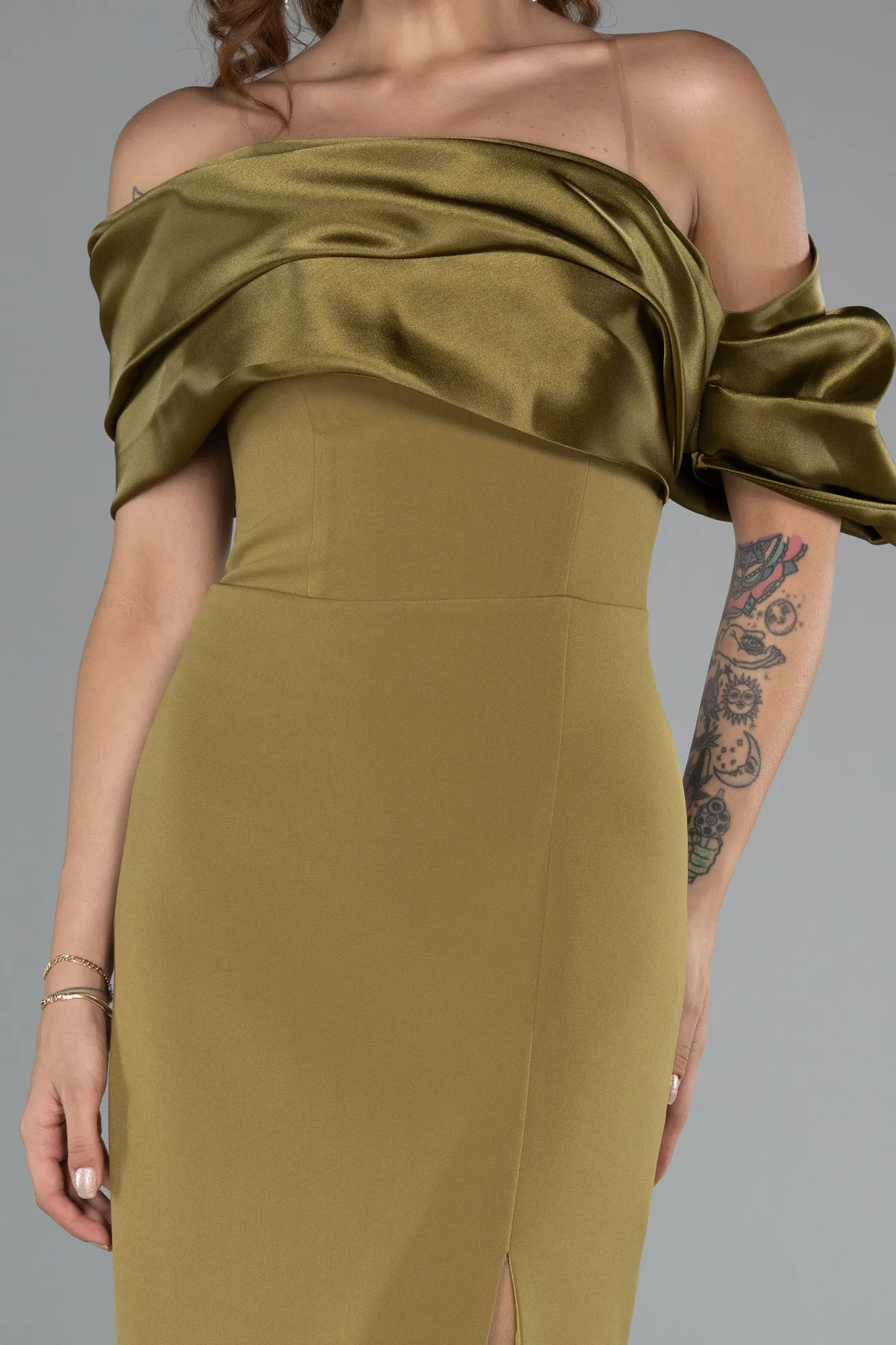 Olive Drab-Off Shoulder Satin Drape Slit Evening Gown ABU4024