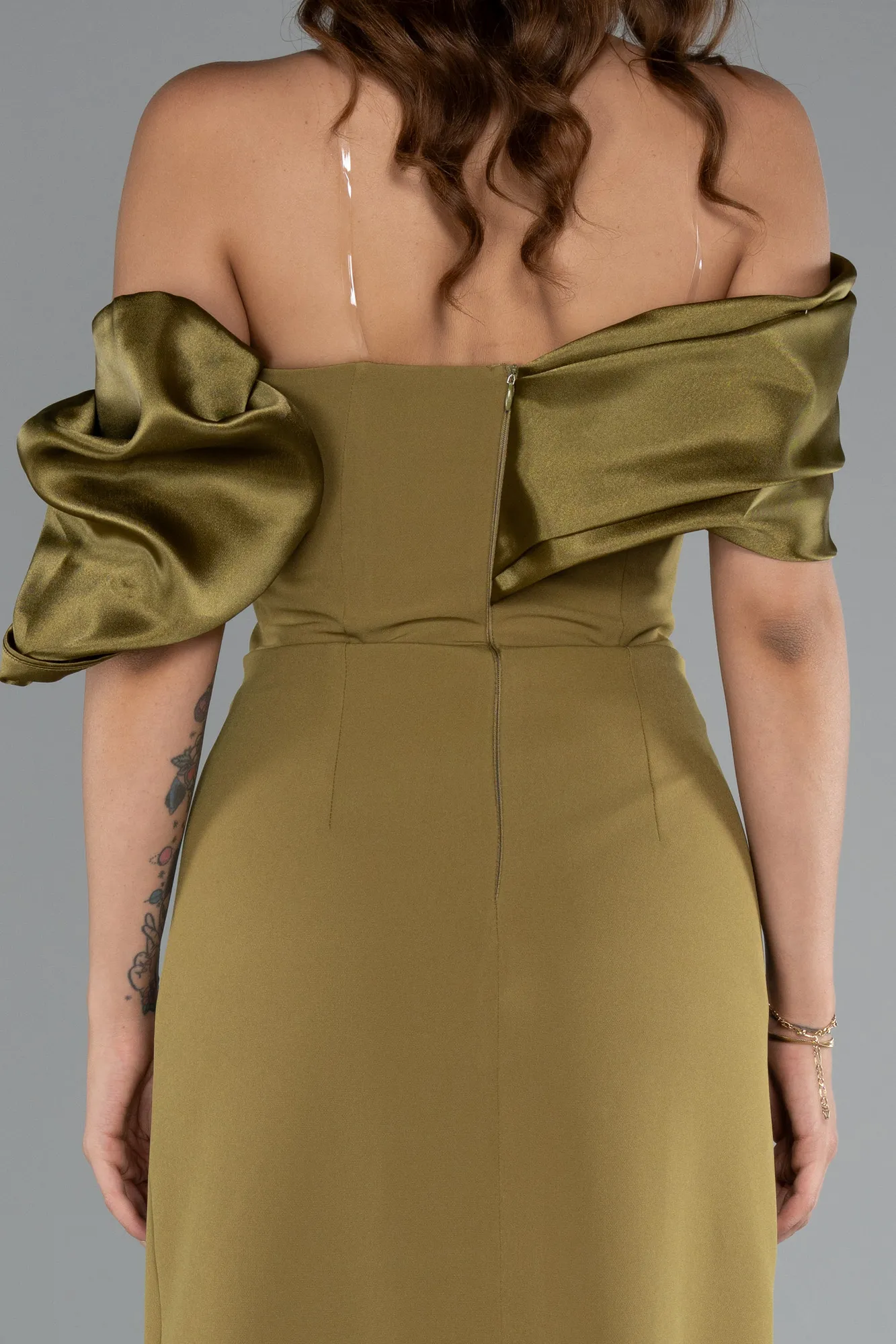 Olive Drab-Off Shoulder Satin Drape Slit Evening Gown ABU4024