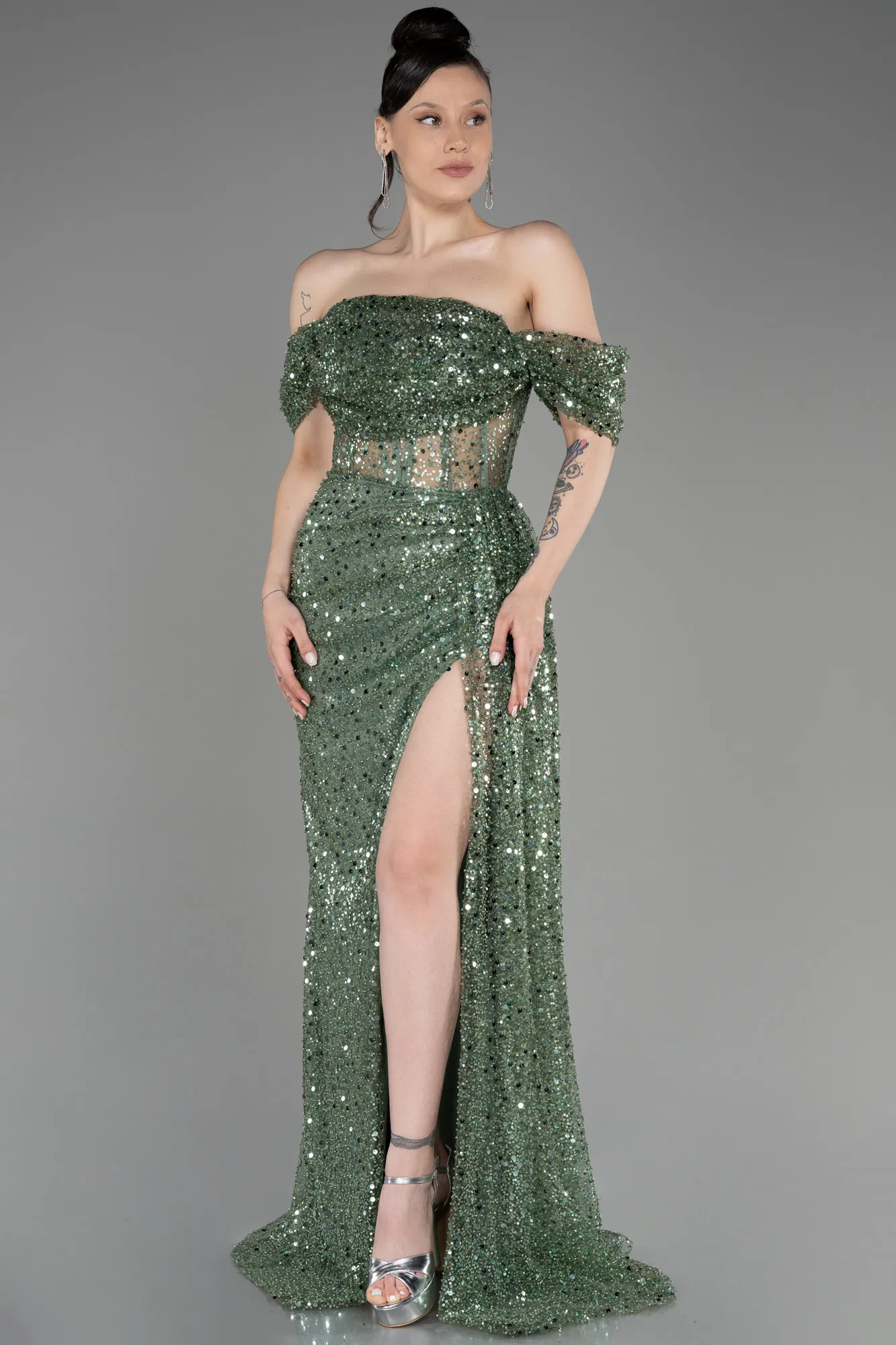 Olive Drab-Off-Shoulder Slit Long Scaly Evening Dress ABU3847