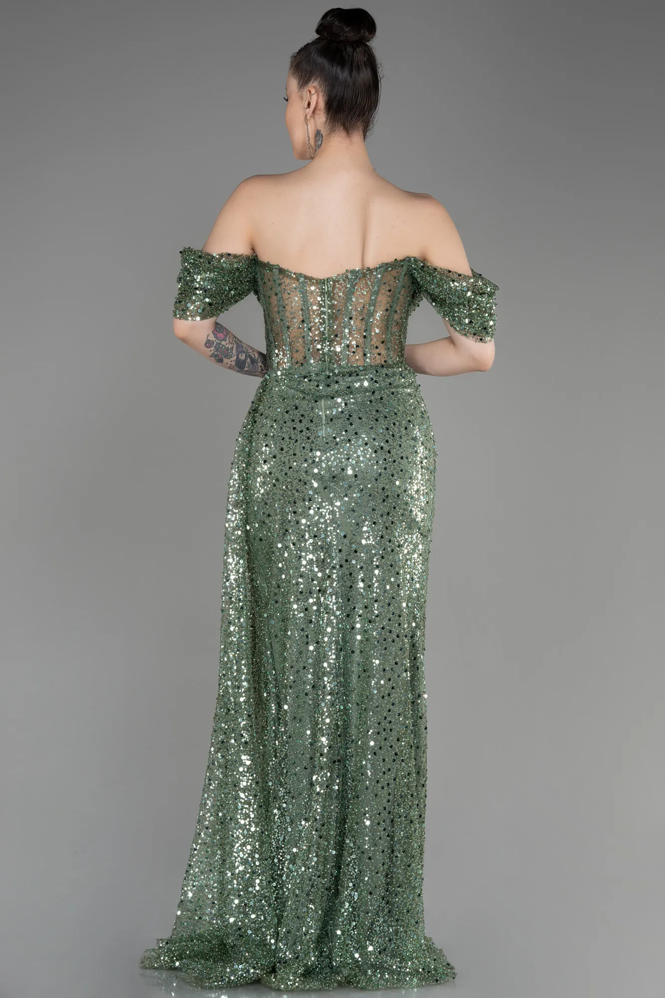 Olive Drab-Off-Shoulder Slit Long Scaly Evening Dress ABU3847