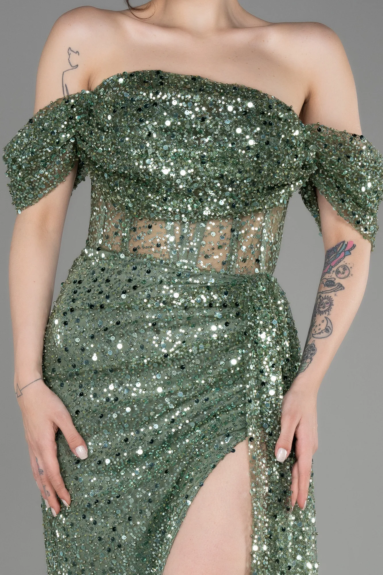 Olive Drab-Off-Shoulder Slit Long Scaly Evening Dress ABU3847