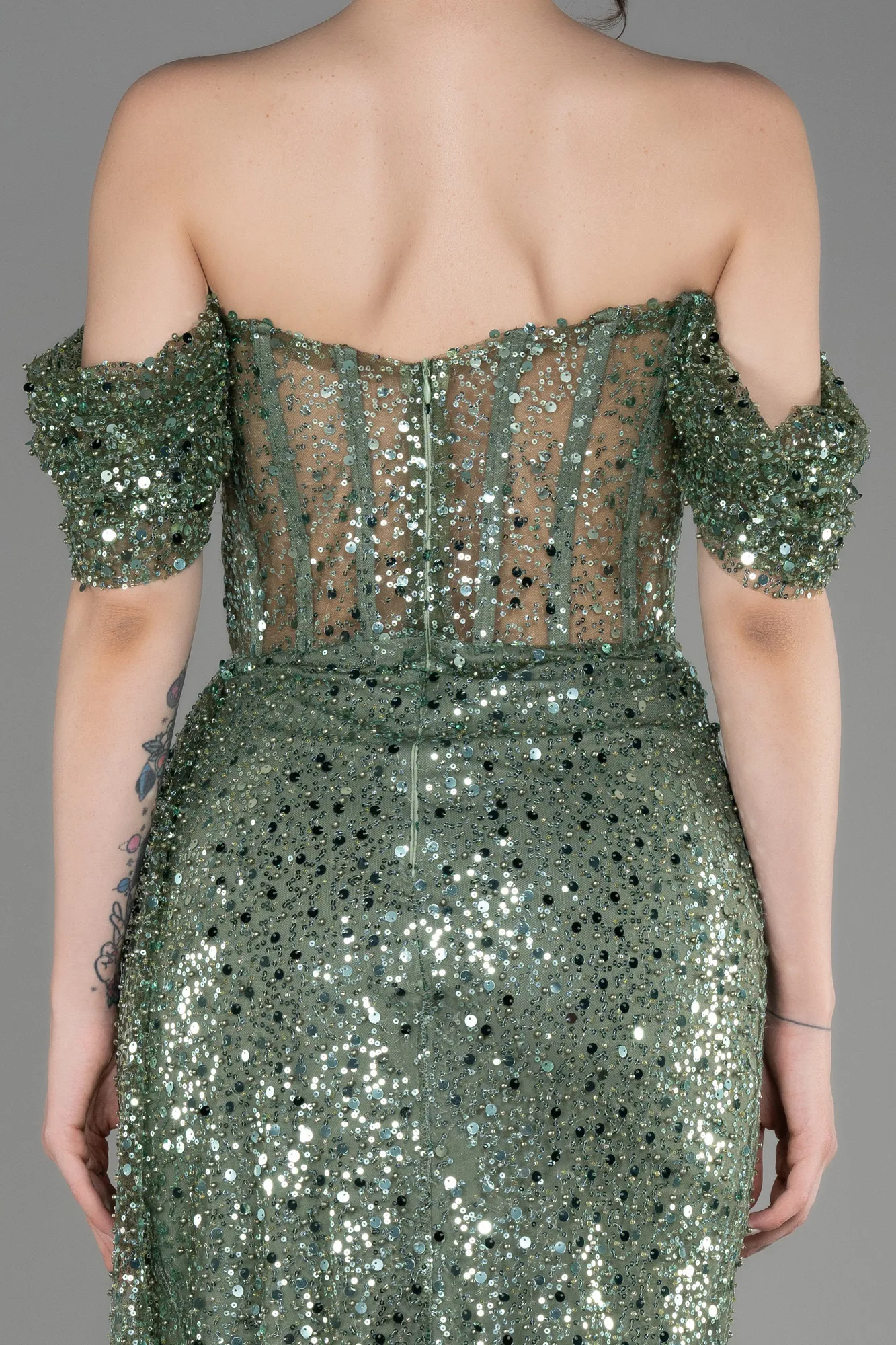 Olive Drab-Off-Shoulder Slit Long Scaly Evening Dress ABU3847