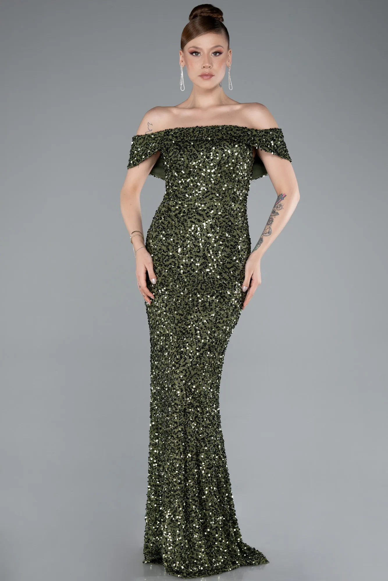 Olive Drab-Off The Shoulder Long Sequin Mermaid Prom Dress ABU4778