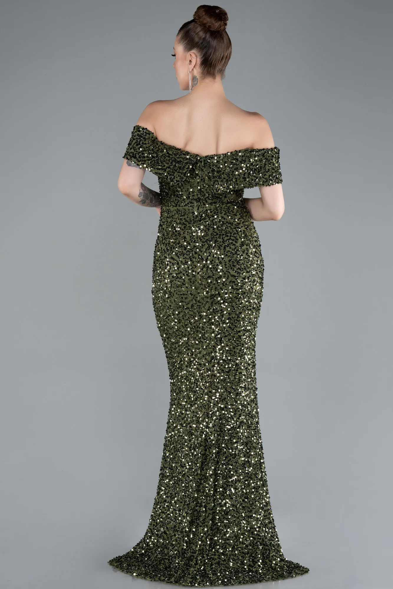 Olive Drab-Off The Shoulder Long Sequin Mermaid Prom Dress ABU4778
