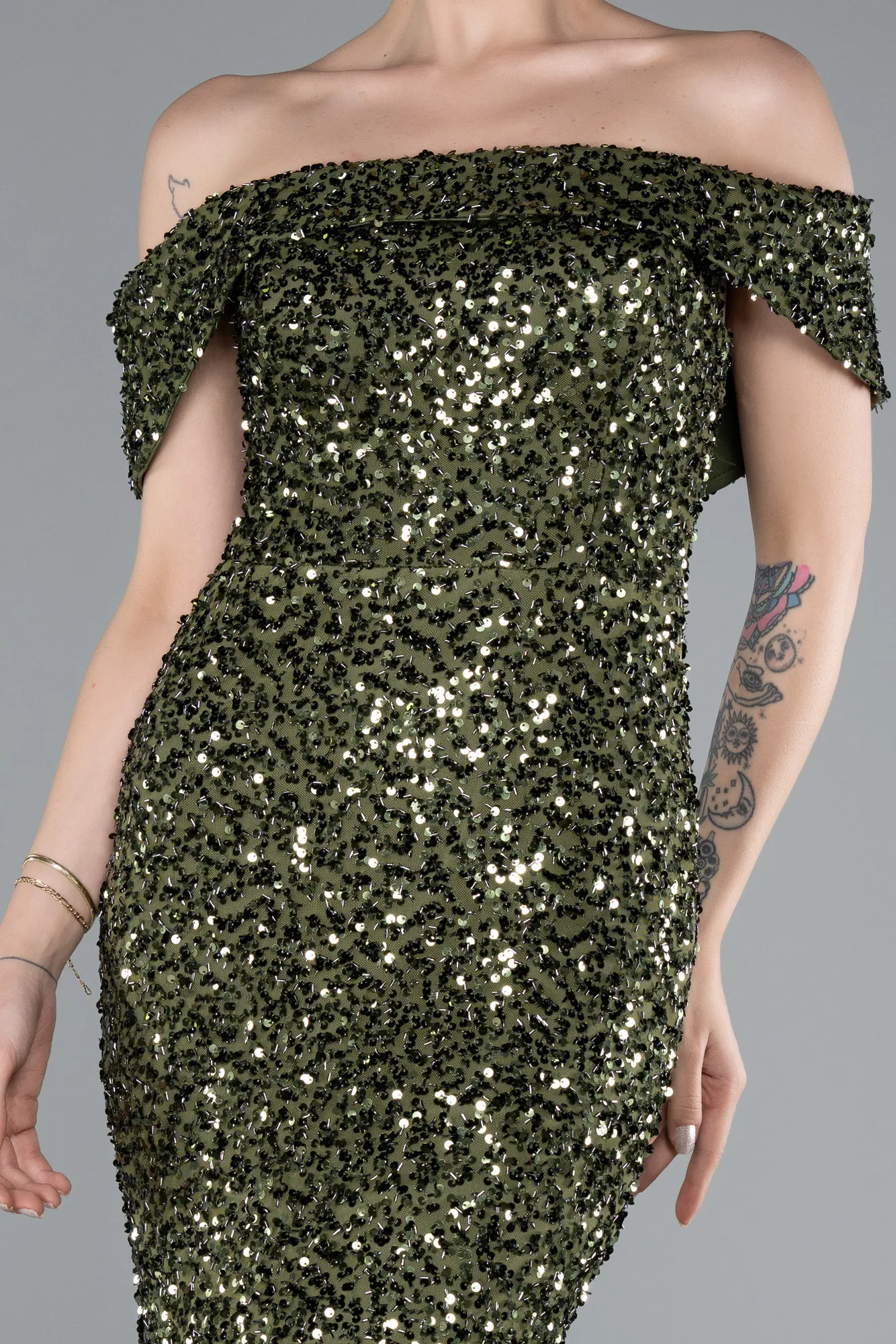Olive Drab-Off The Shoulder Long Sequin Mermaid Prom Dress ABU4778