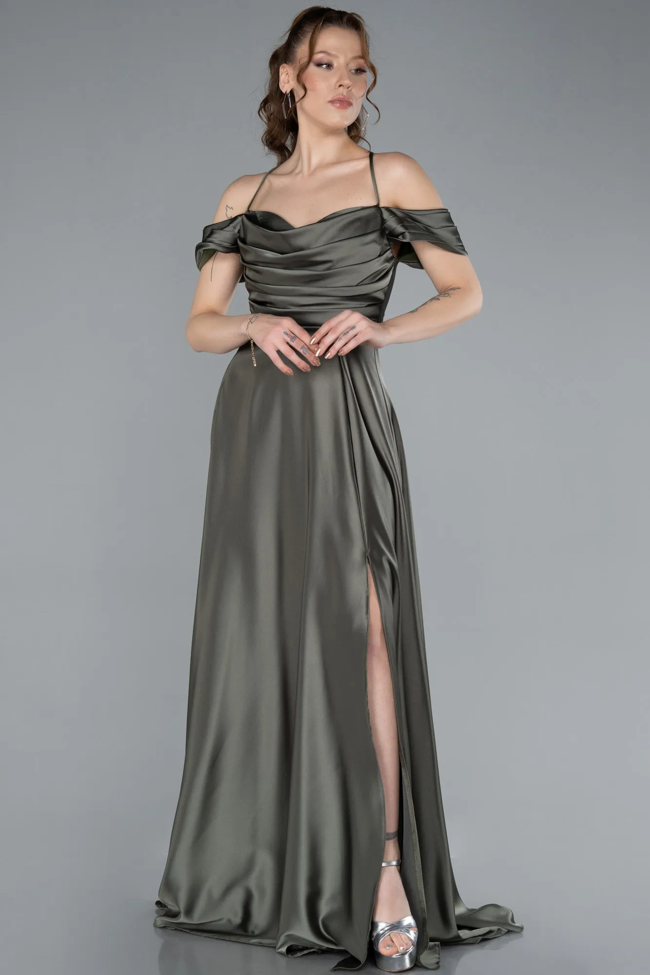 Olive Drab-Off The Shoulder Slit Long Satin Prom Dress ABU4703