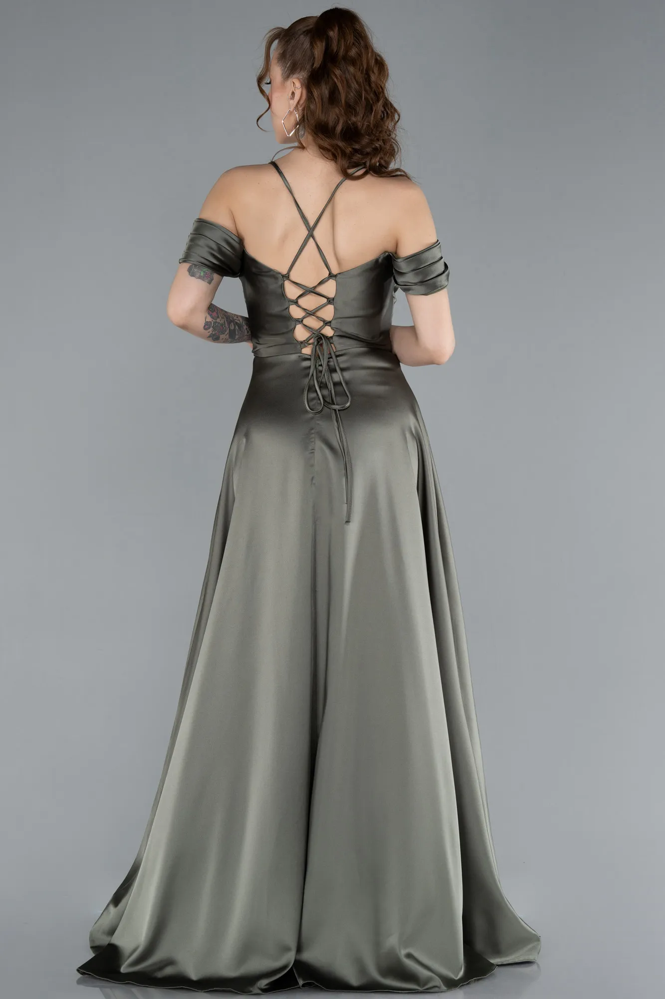 Olive Drab-Off The Shoulder Slit Long Satin Prom Dress ABU4703