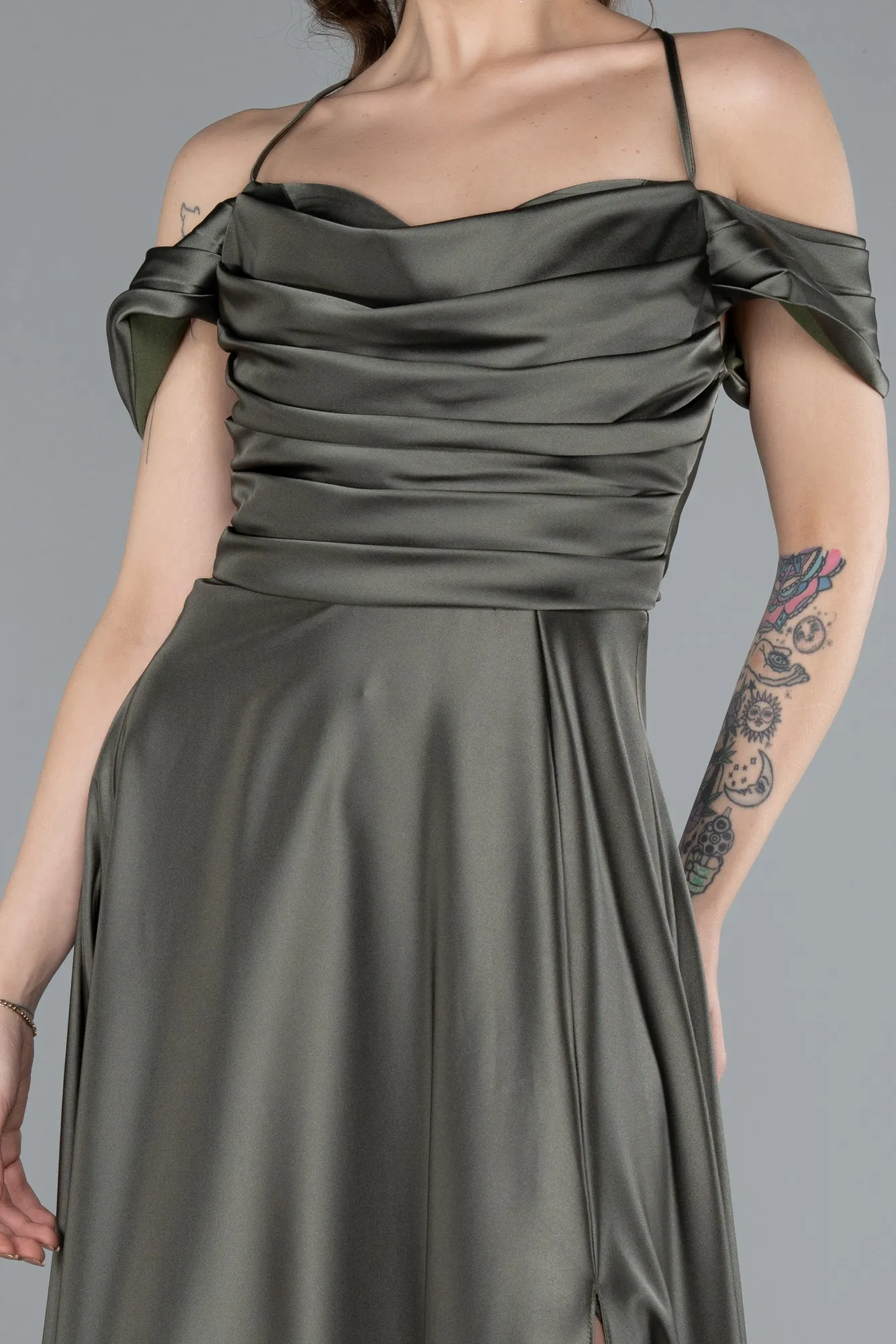 Olive Drab-Off The Shoulder Slit Long Satin Prom Dress ABU4703
