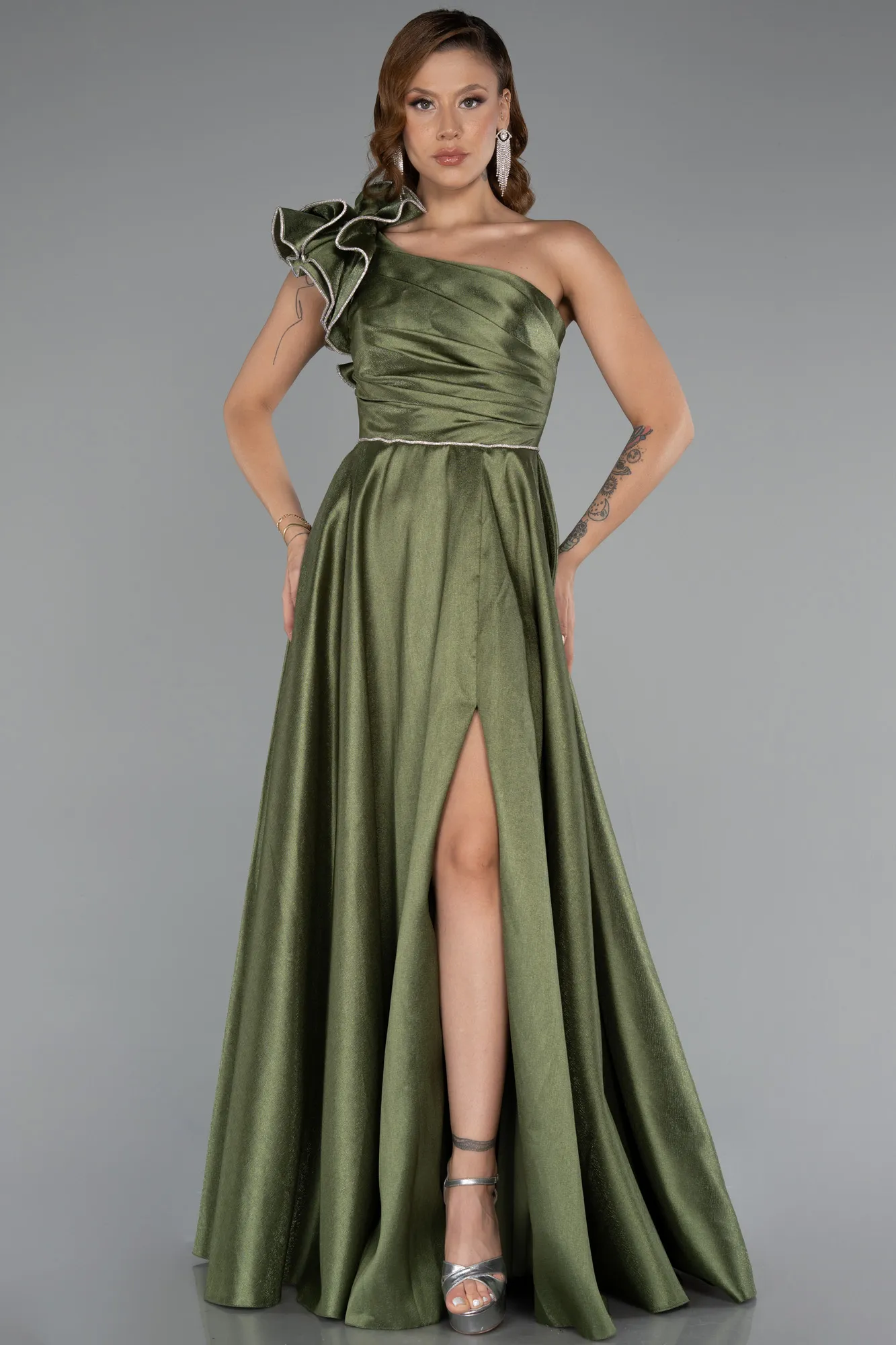 Olive Drab-One Shoulder High Slit Long Taffeta Prom Evening Dress ABU4782