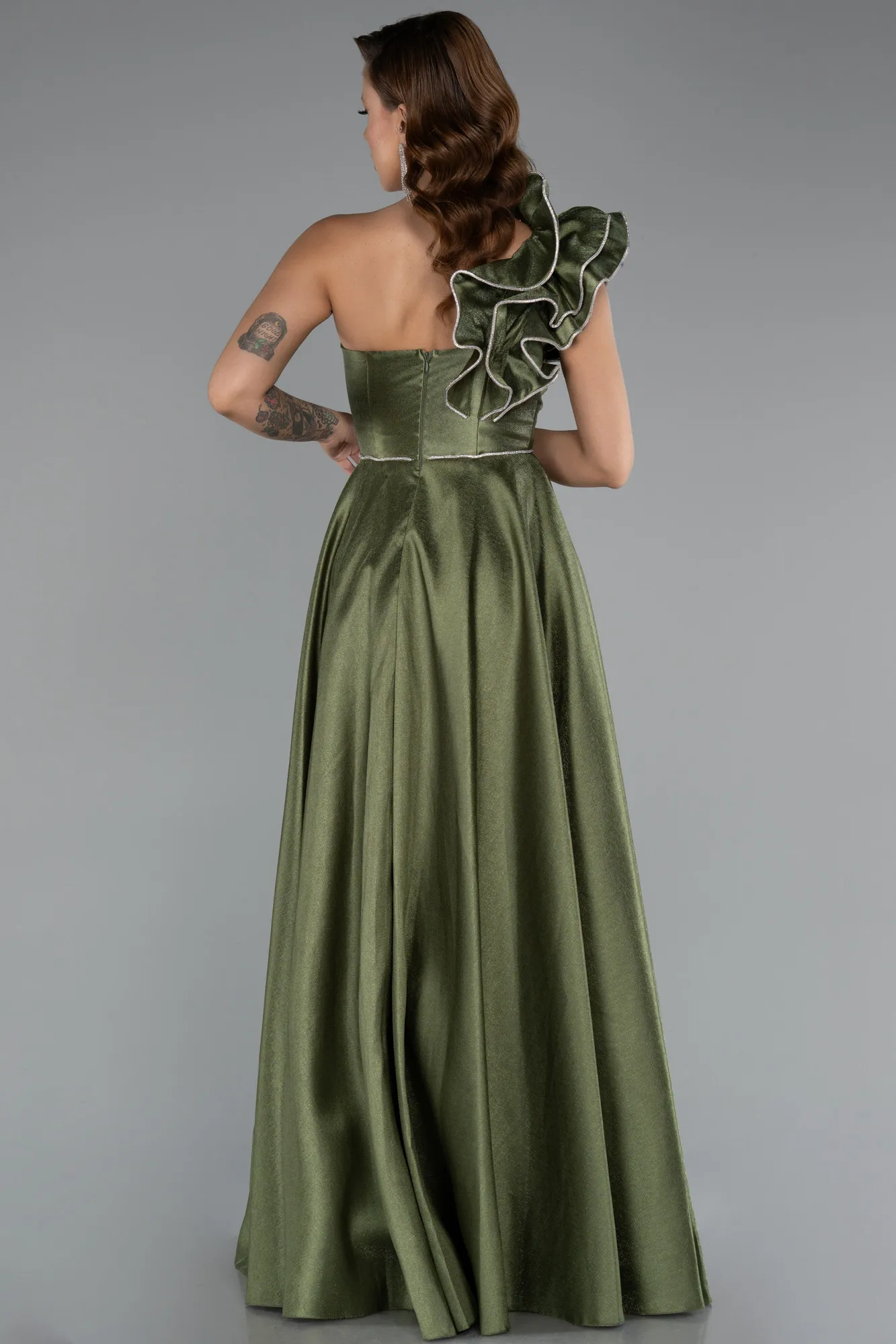 Olive Drab-One Shoulder High Slit Long Taffeta Prom Evening Dress ABU4782