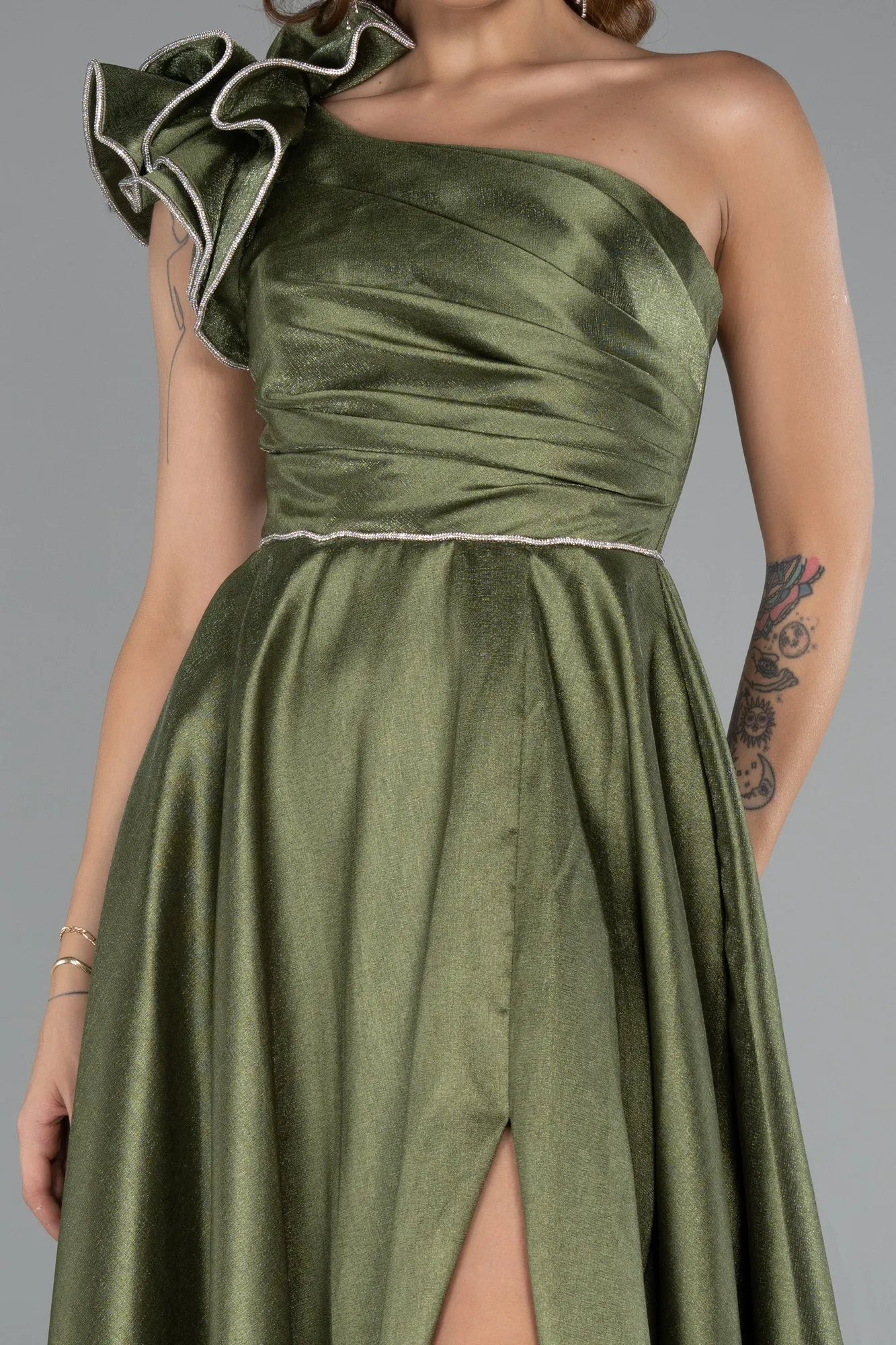 Olive Drab-One Shoulder High Slit Long Taffeta Prom Evening Dress ABU4782