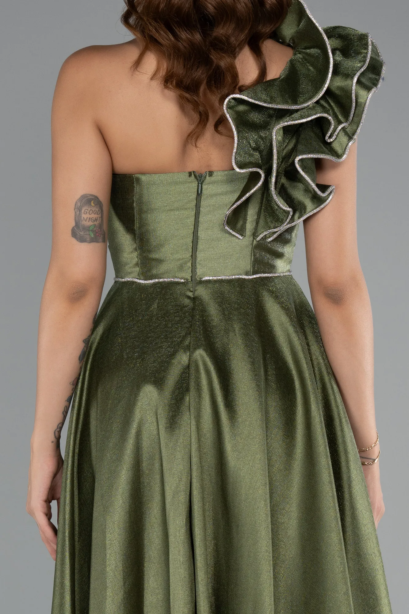 Olive Drab-One Shoulder High Slit Long Taffeta Prom Evening Dress ABU4782